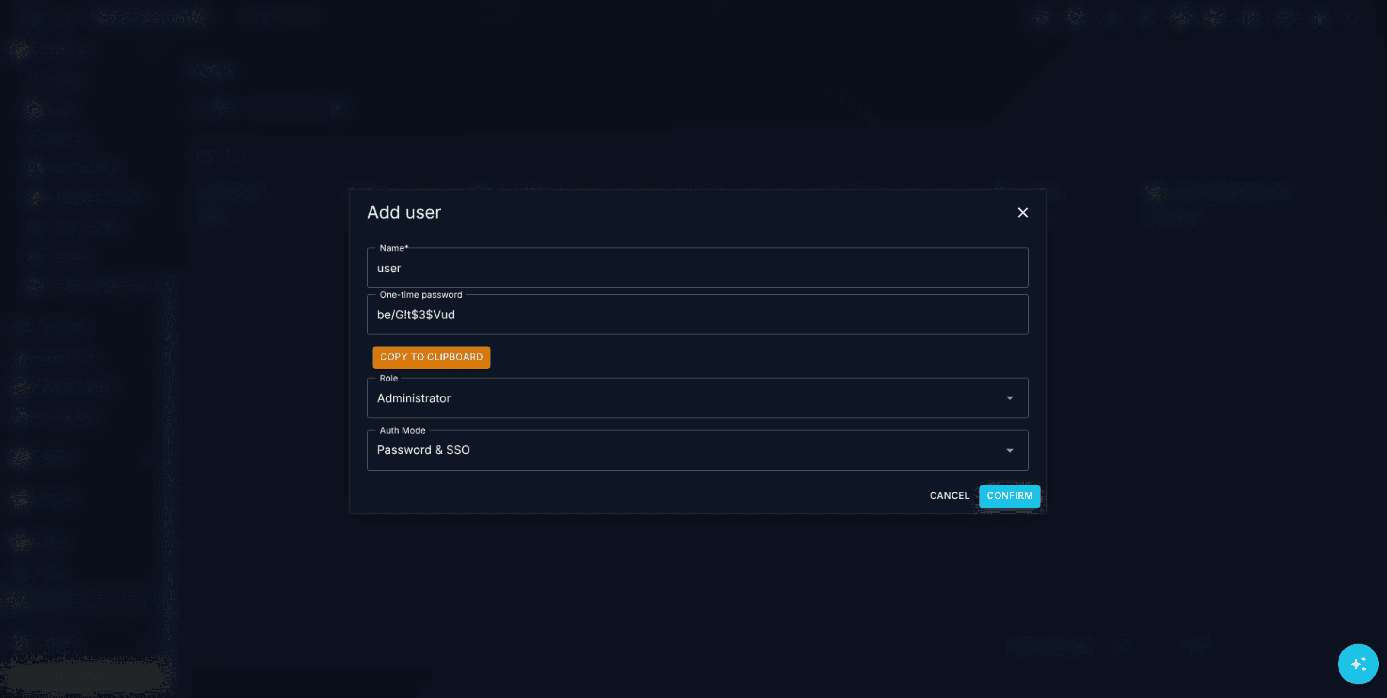 Add User dialog with Name field, auto-generated password, Role dropdown, and Auth Mode selector