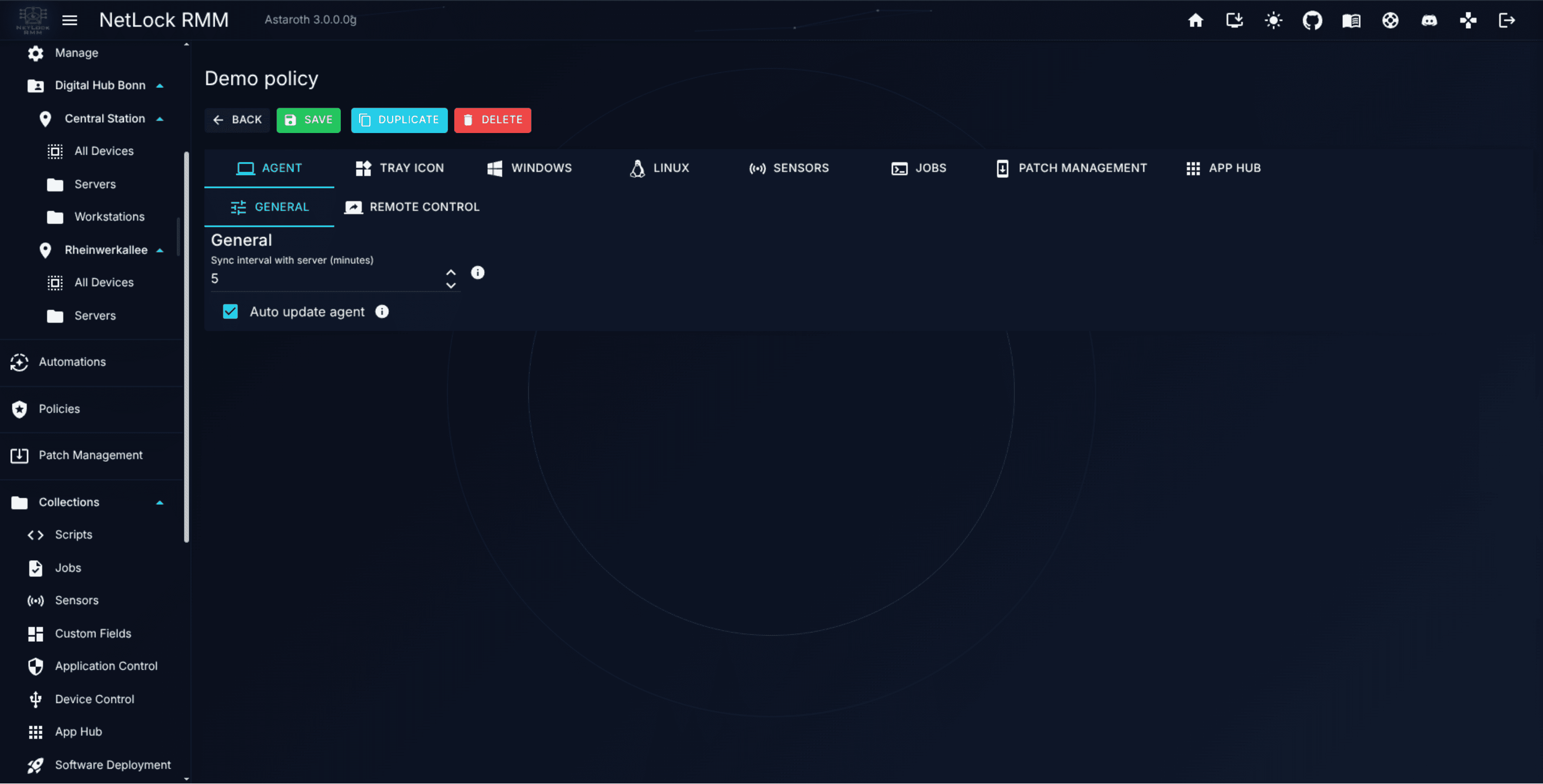 Policy Settings Agent tab with sync interval and remote-control toggles
