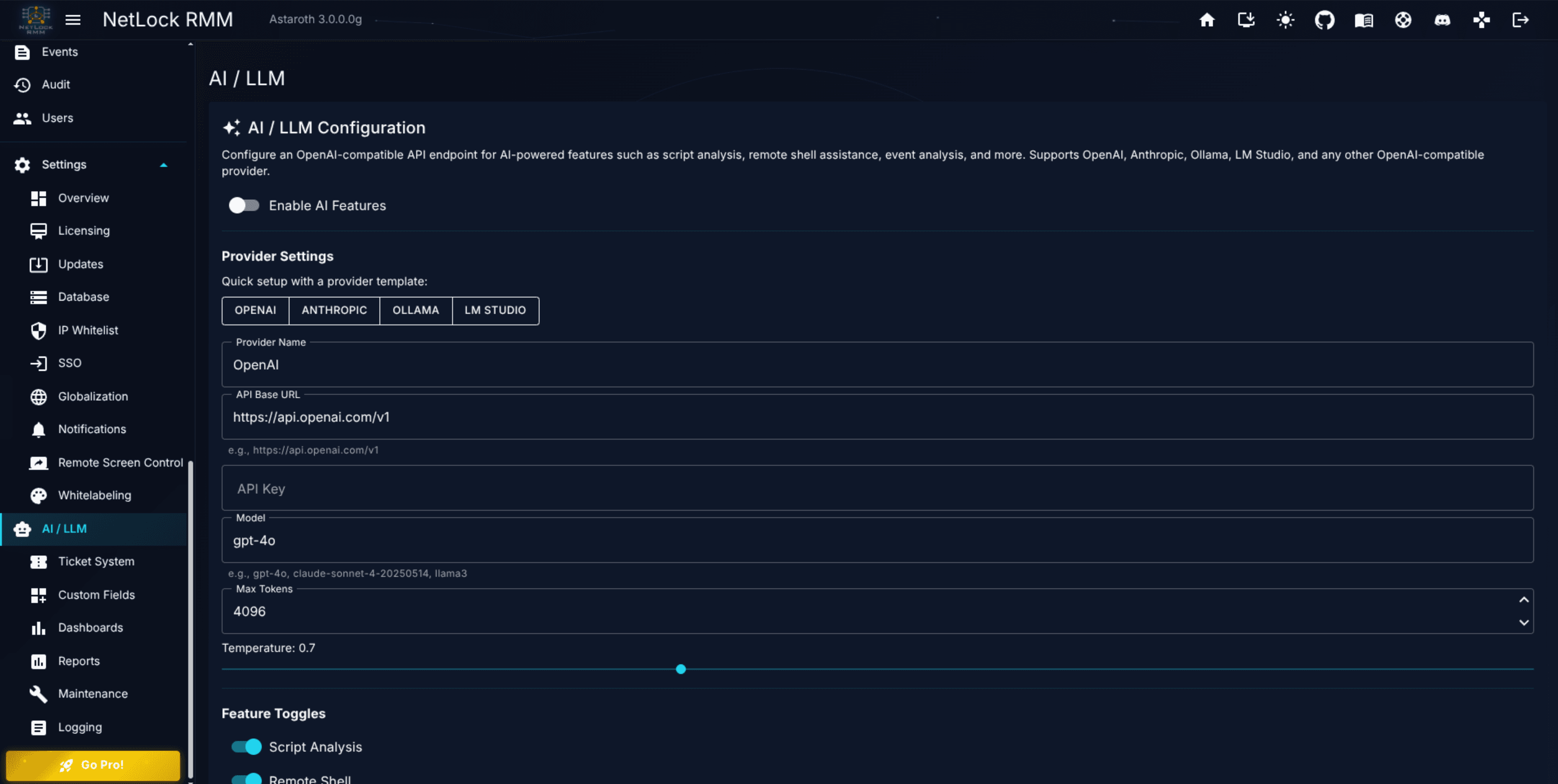 AI / LLM Settings page with Enable AI Features on, provider fields populated, and feature toggles visible