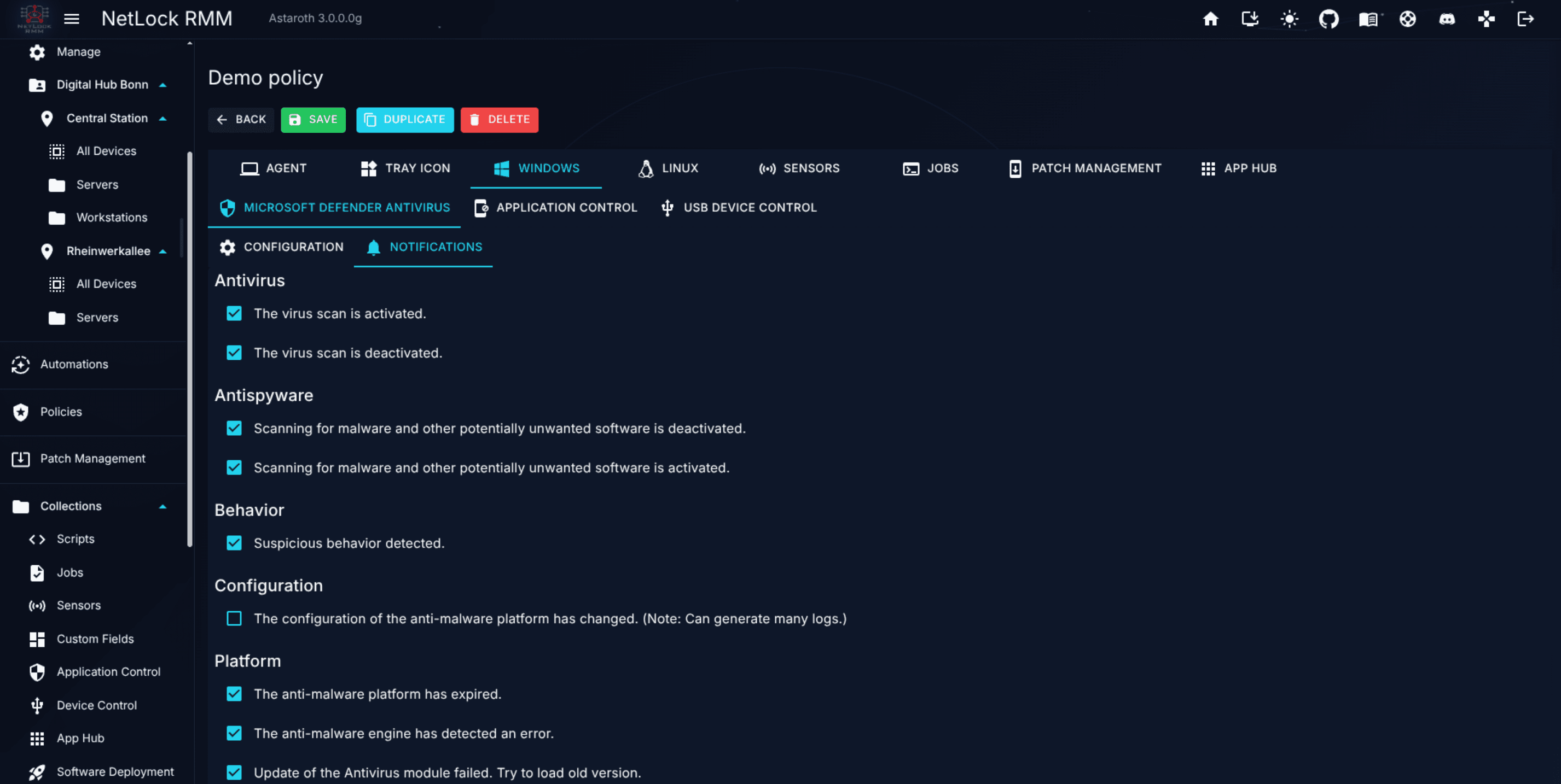Antivirus Notifications sub-tab with categories expanded