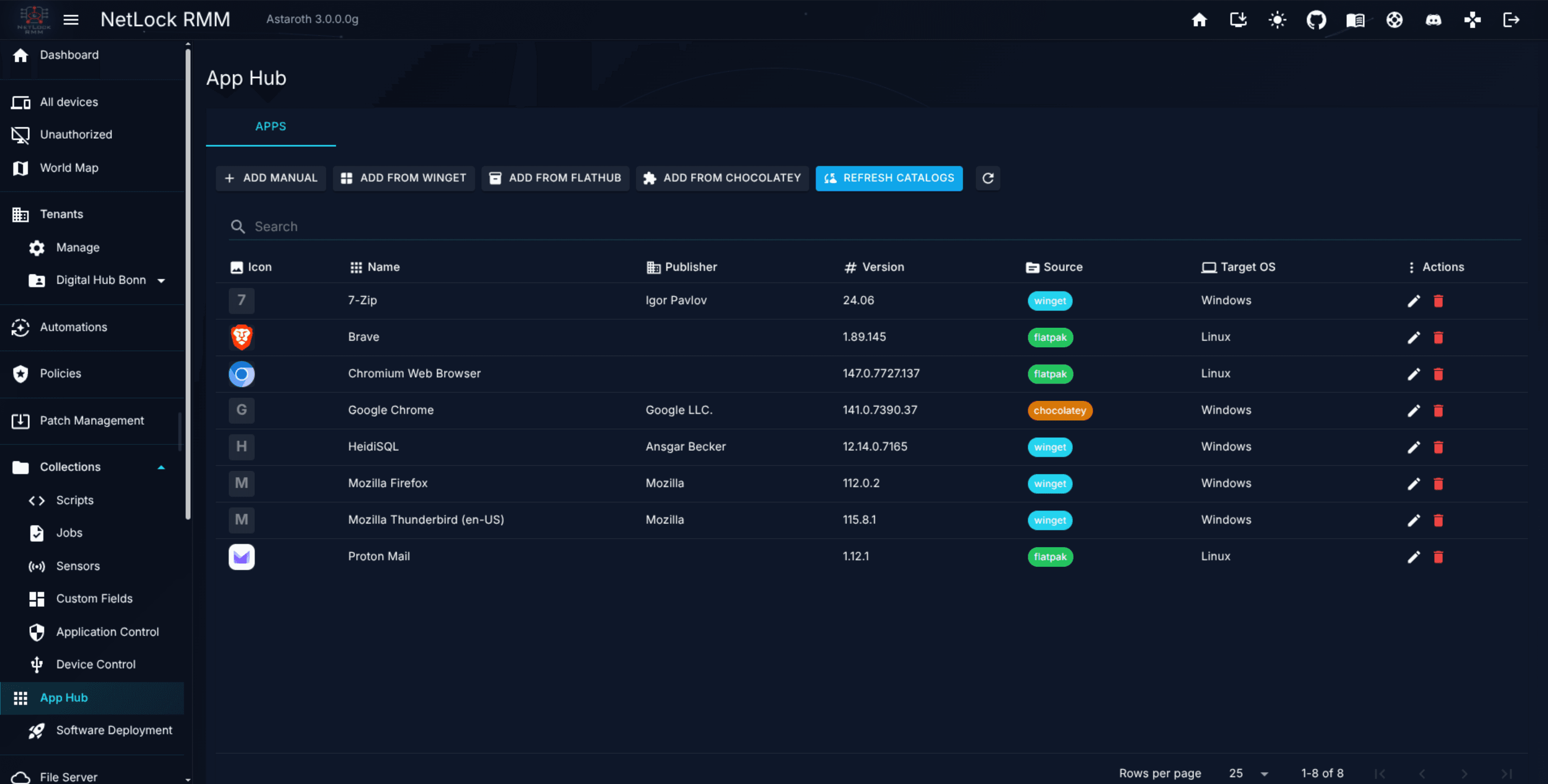 Manage Apps catalogue with source chips (winget, flatpak, chocolatey, script)