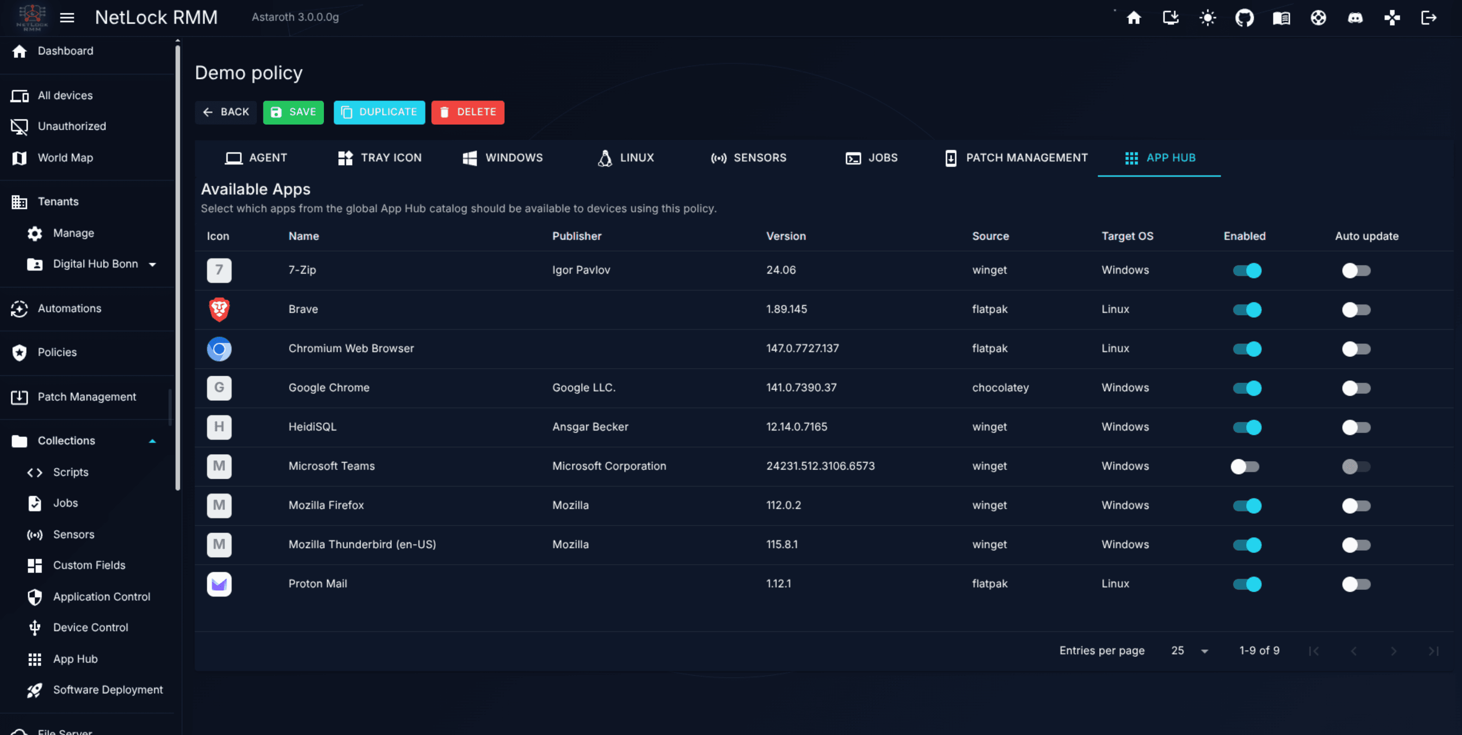 App Hub tab with three apps enabled for tray visibility