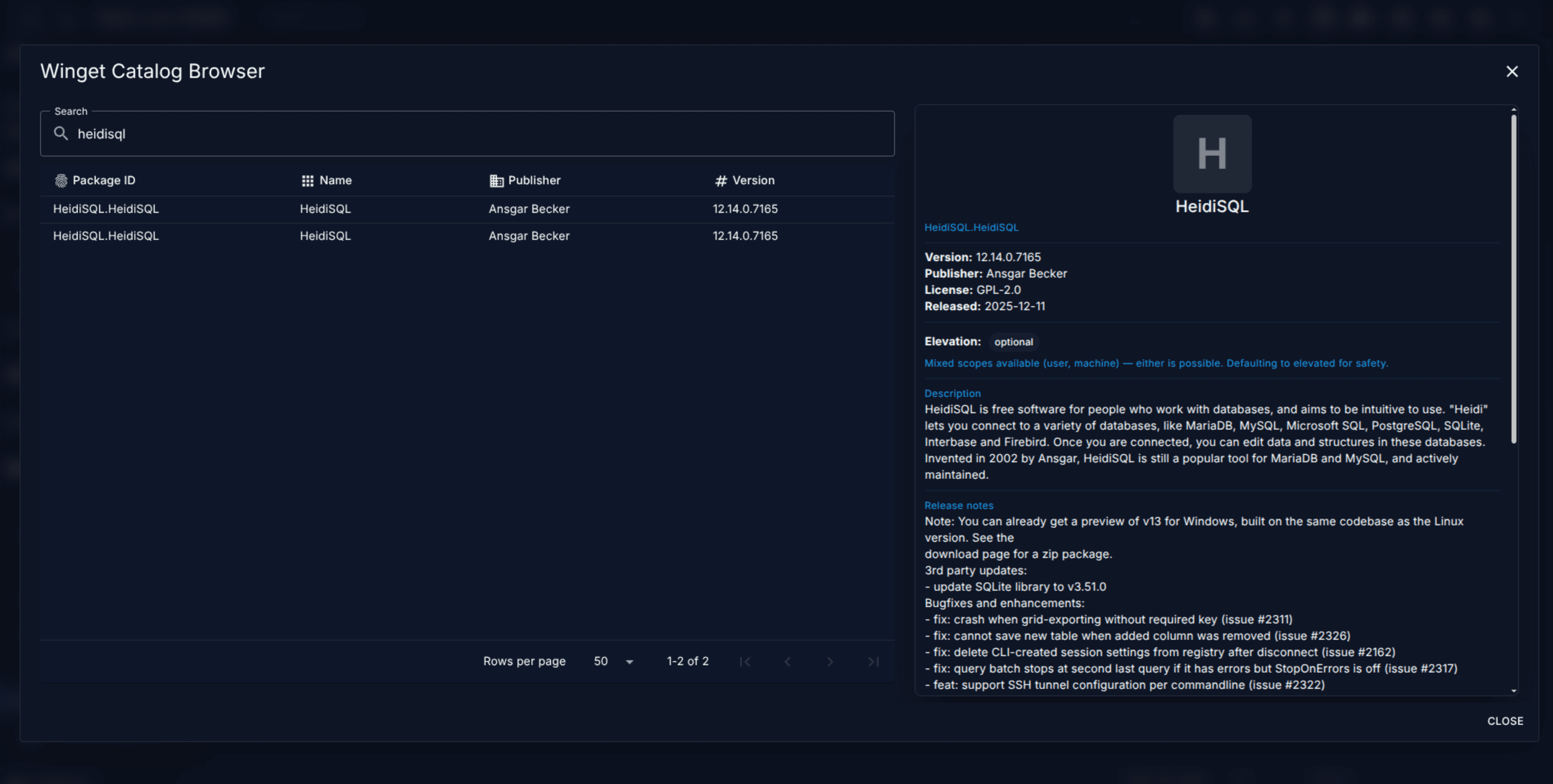 Winget Catalog Browser with a selected app previewed