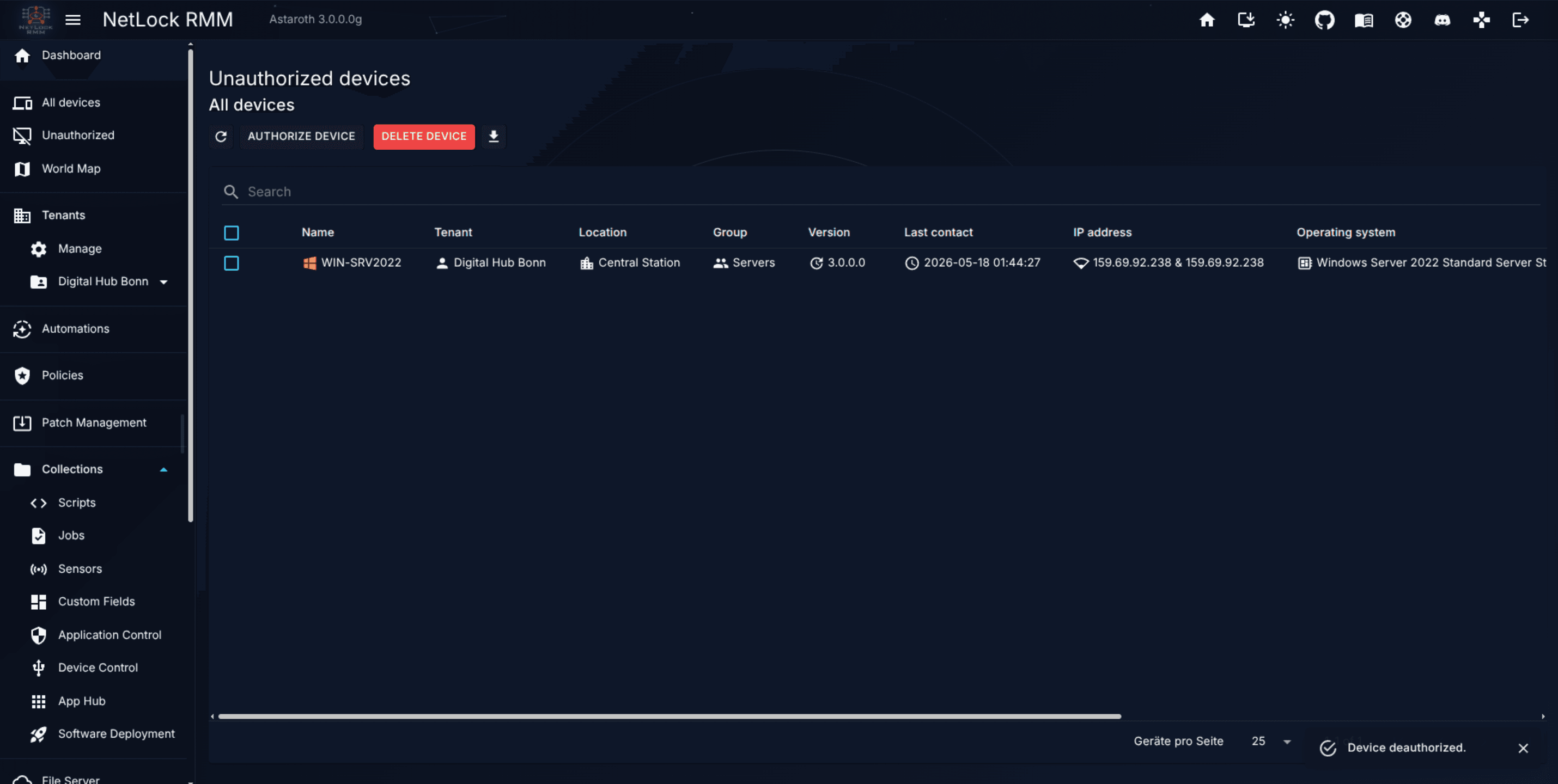 Unauthorized Devices page with one pending entry selected