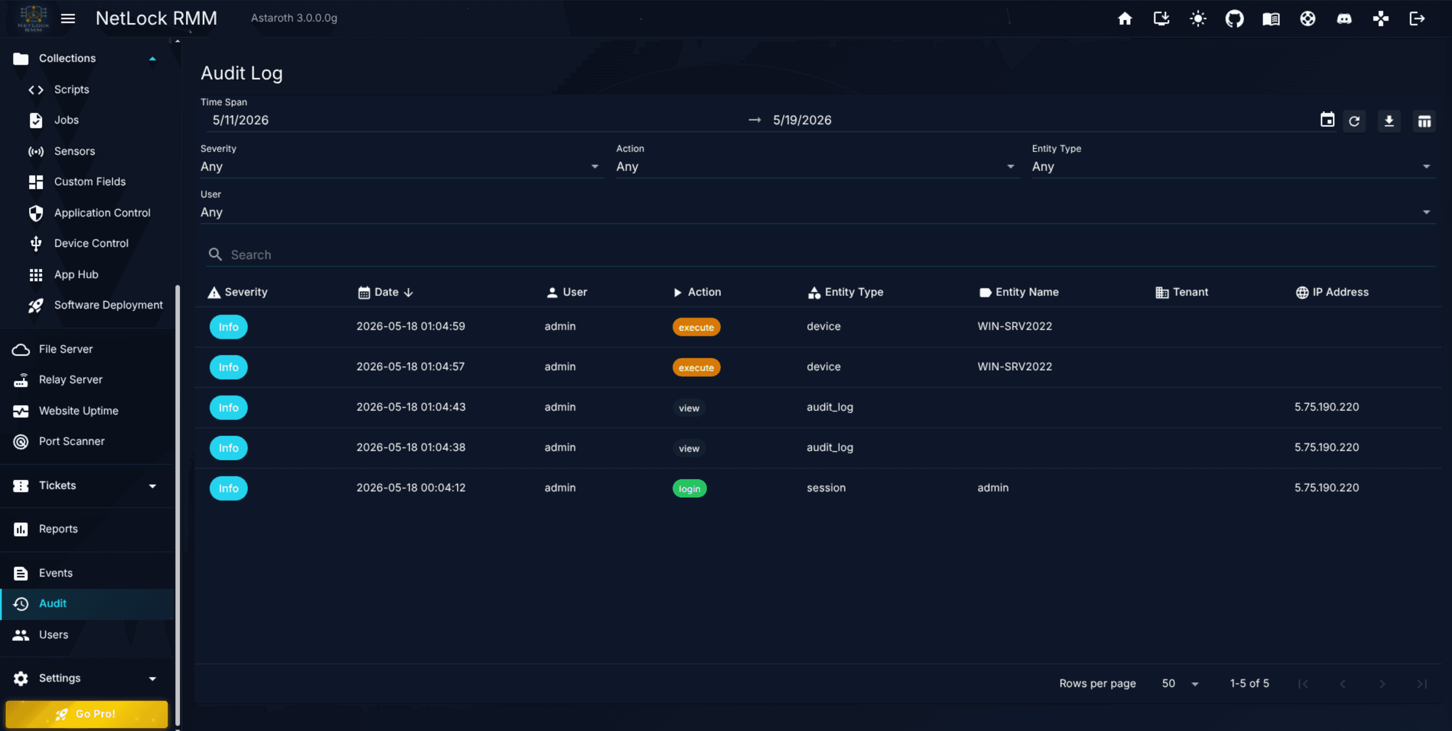 Audit page with filter bar and a list of entries