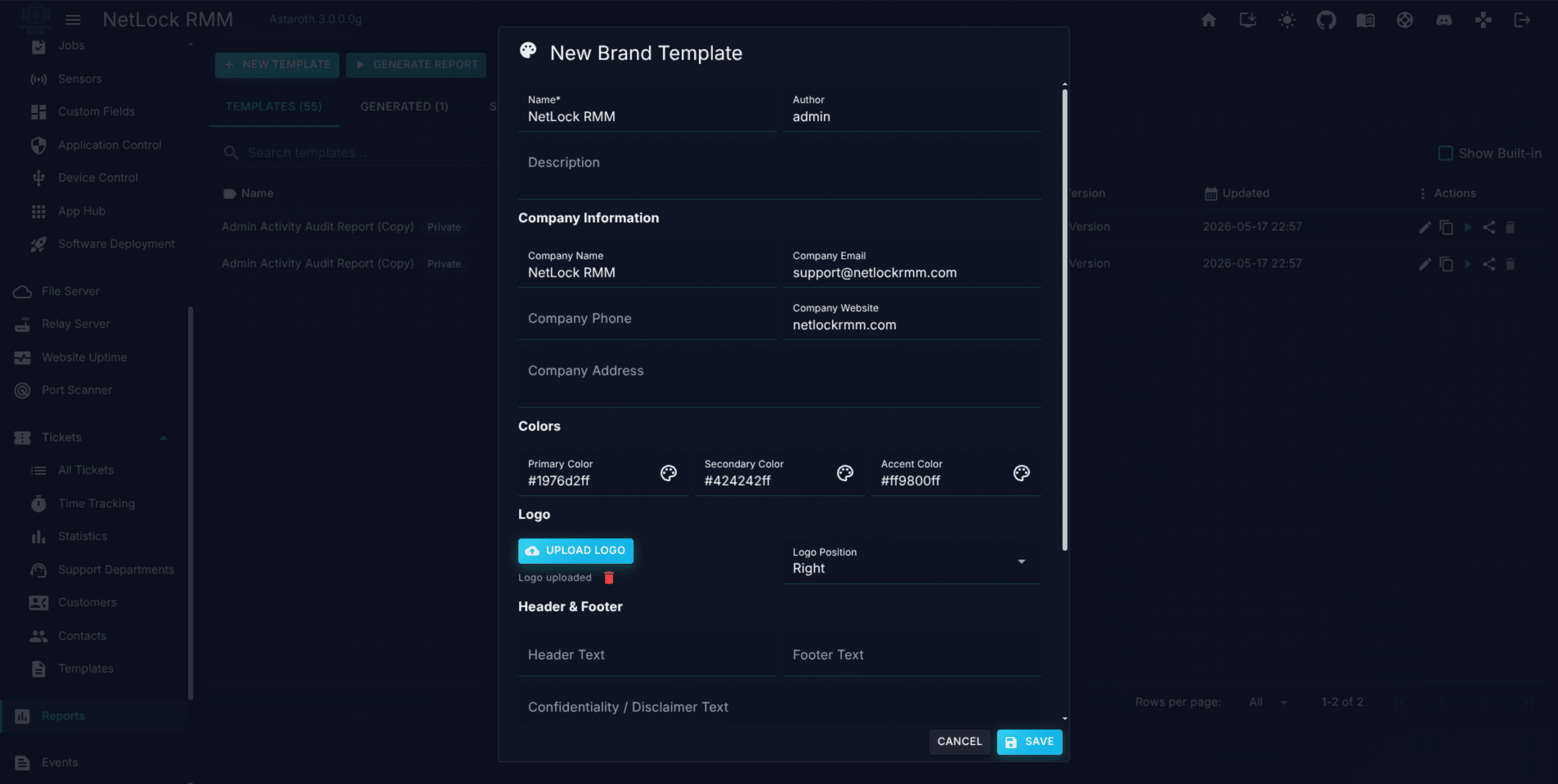 Brand Template dialog with Company Info, Colours, and Footer tabs visible