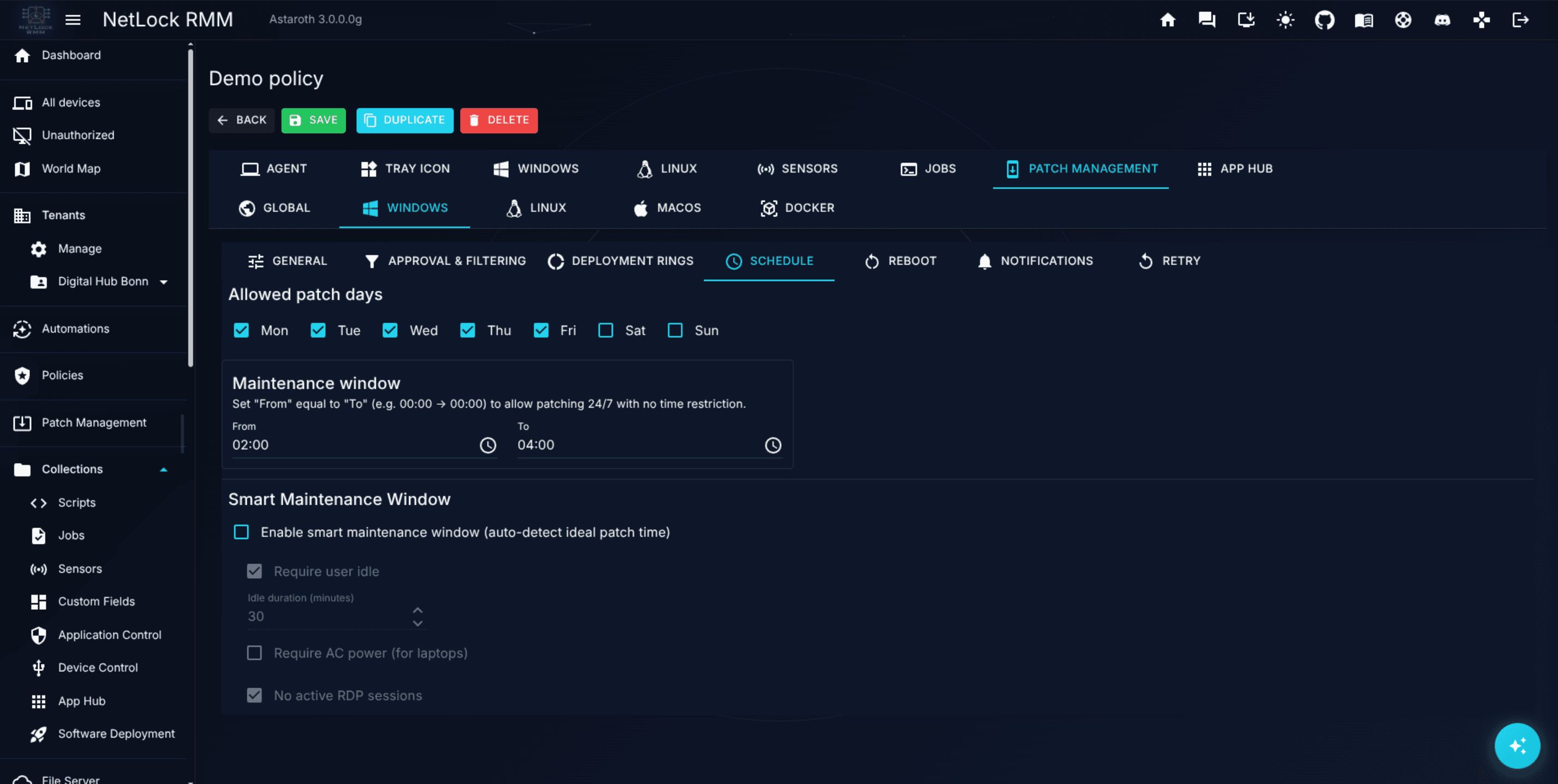 Policy Settings editor with the Agent tab open