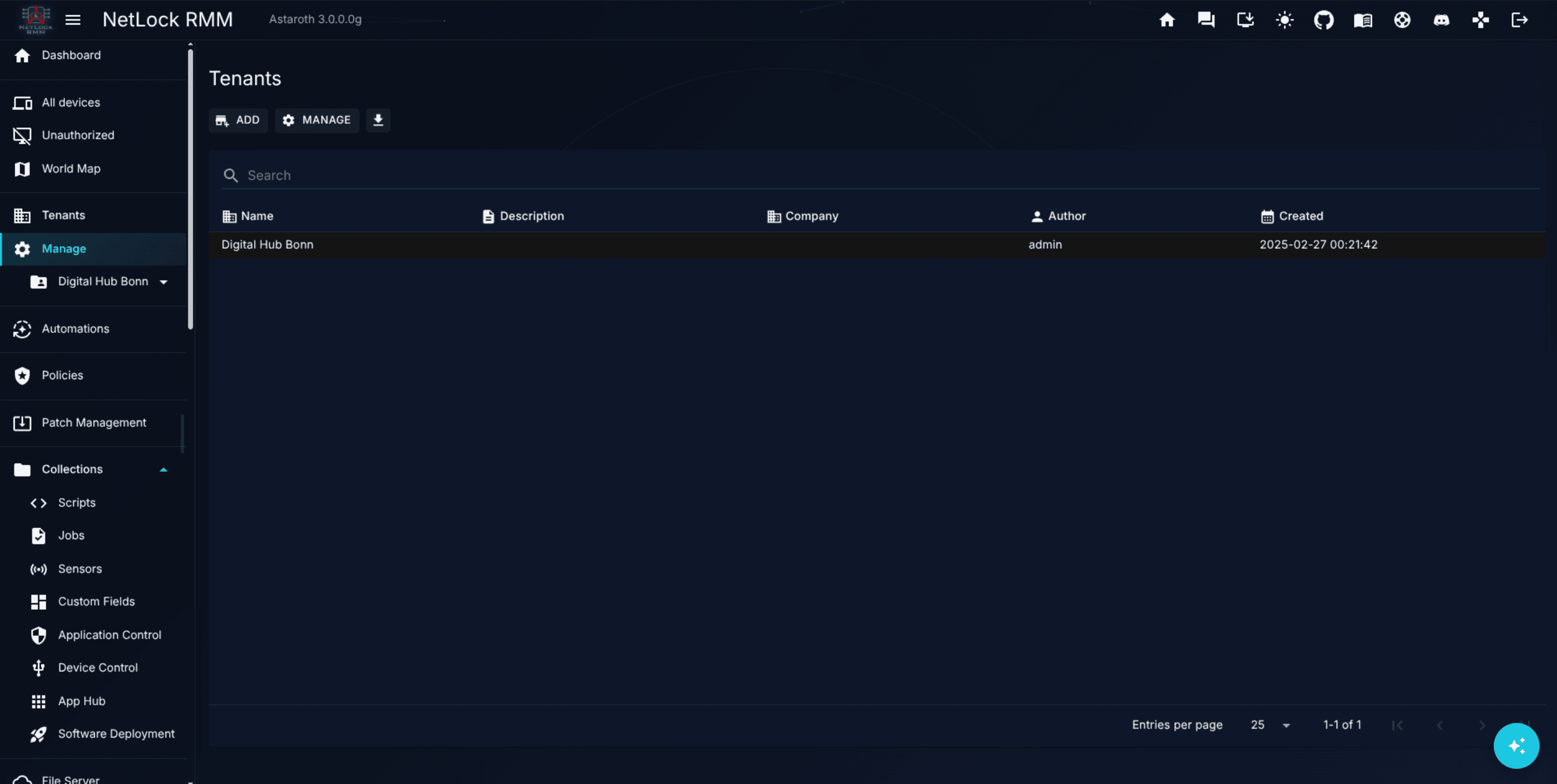 Manage Tenants page with one new tenant visible