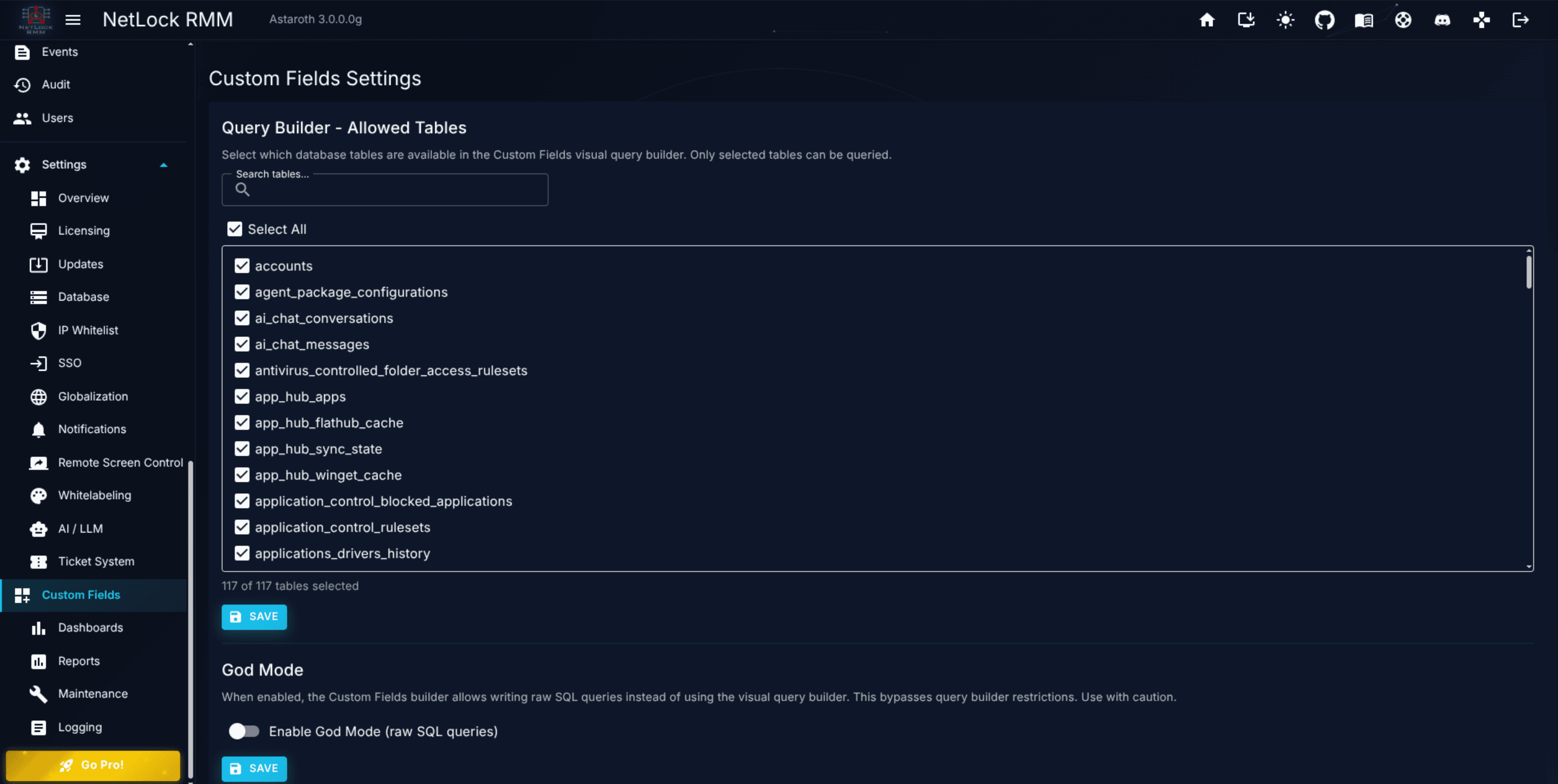 Custom Fields Settings page with the same controls pattern as Dashboards and Reports