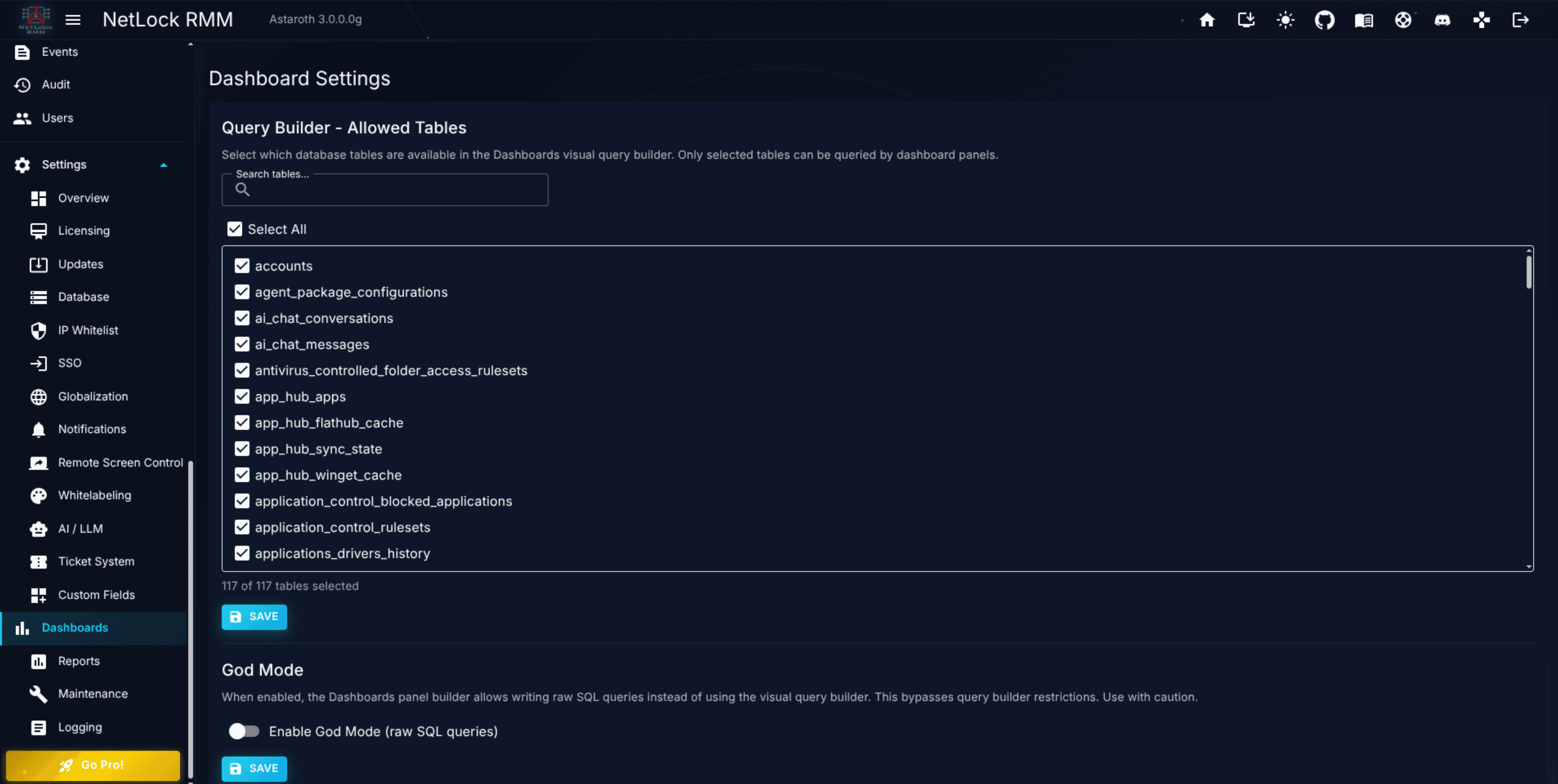 Dashboard Settings page with a table search, Select All, per-table checkboxes, and the God Mode toggle below