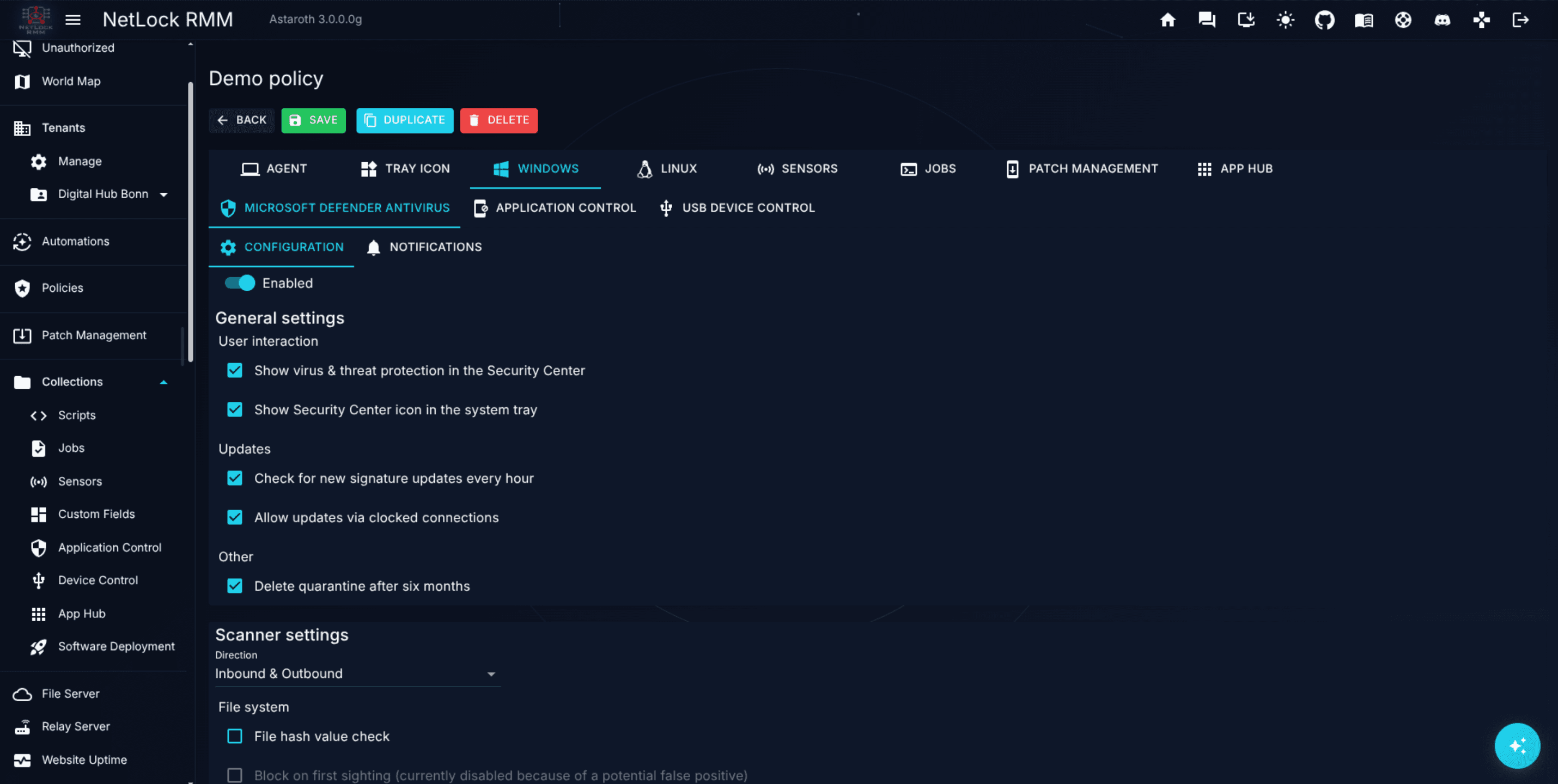 Microsoft Defender Antivirus Configuration sub-tab
