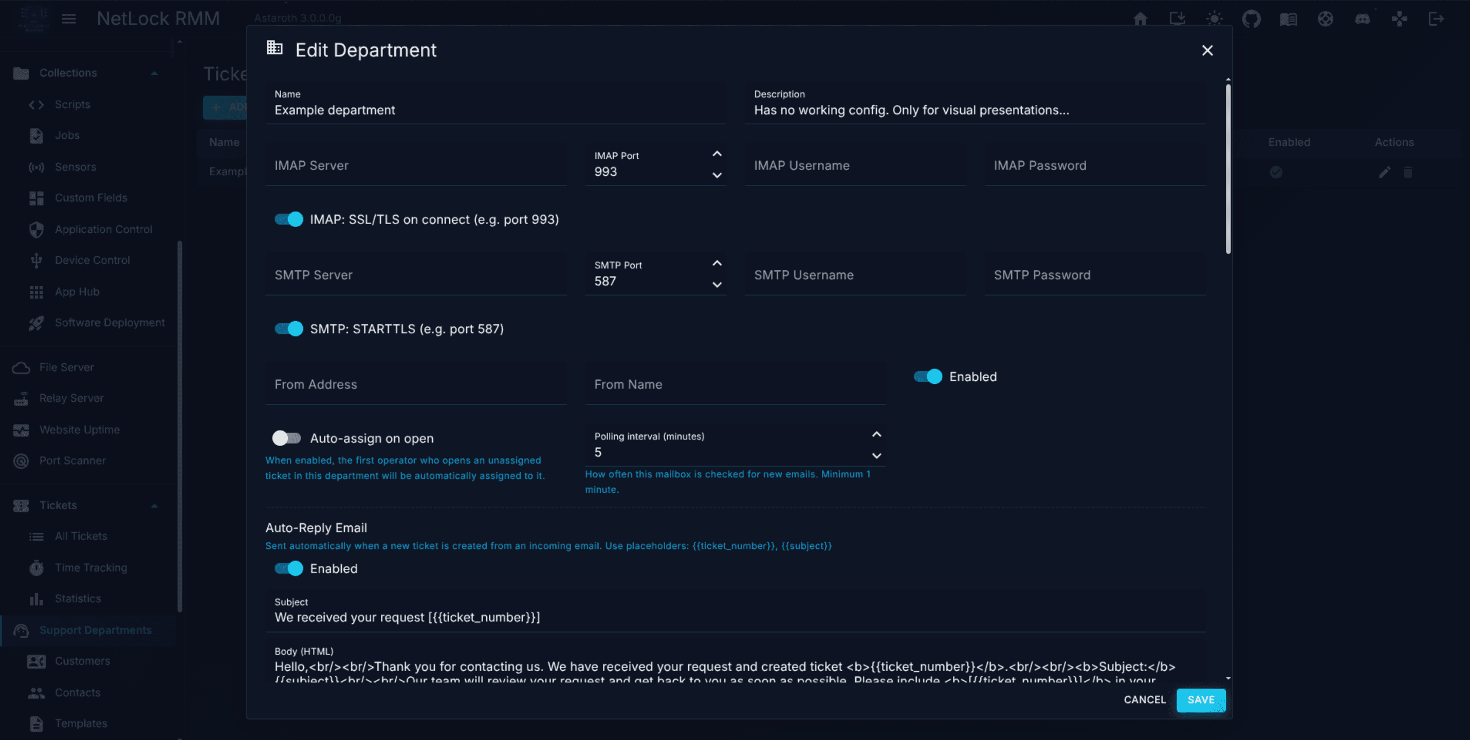 Ticket Departments admin list with columns for Name, Description, IMAP Server, SMTP Server, Members, and Enabled