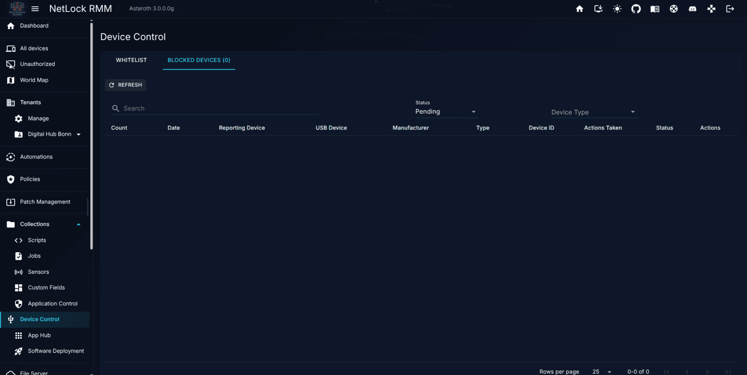 Blocked Devices tab with pending rows and the approval menu open