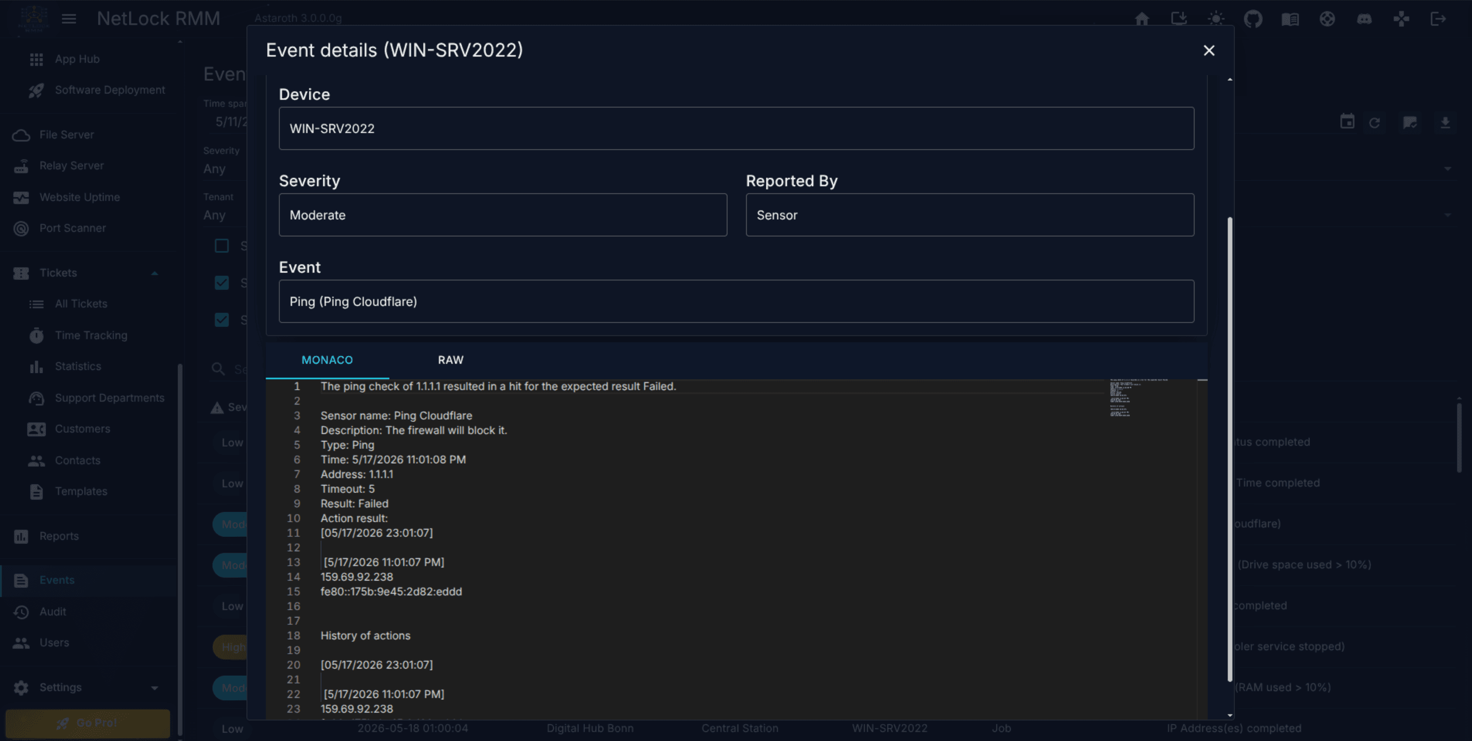Event Details dialog with the Monaco tab active showing formatted output
