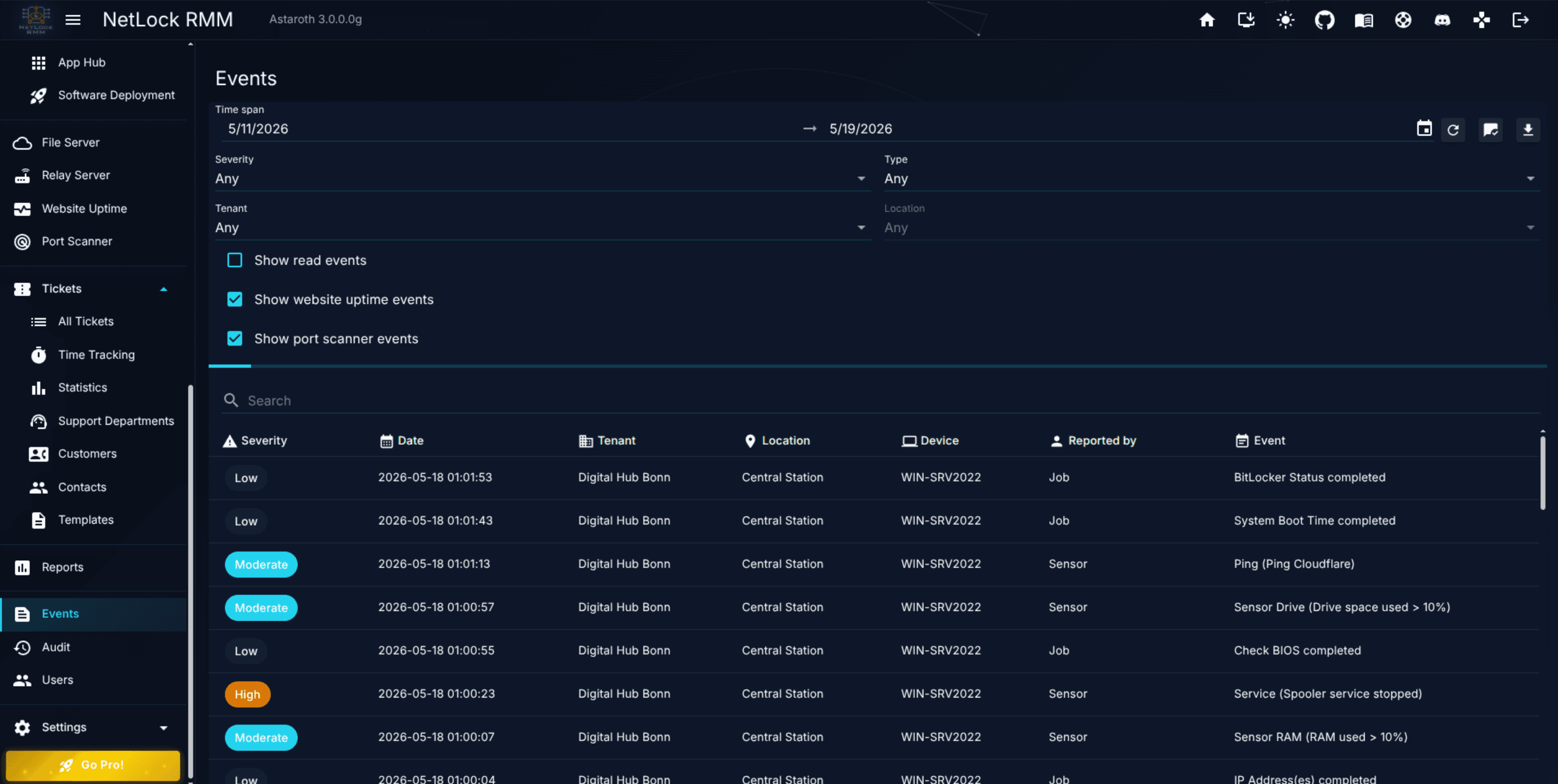 Events page with filter controls at the top and a list of event rows