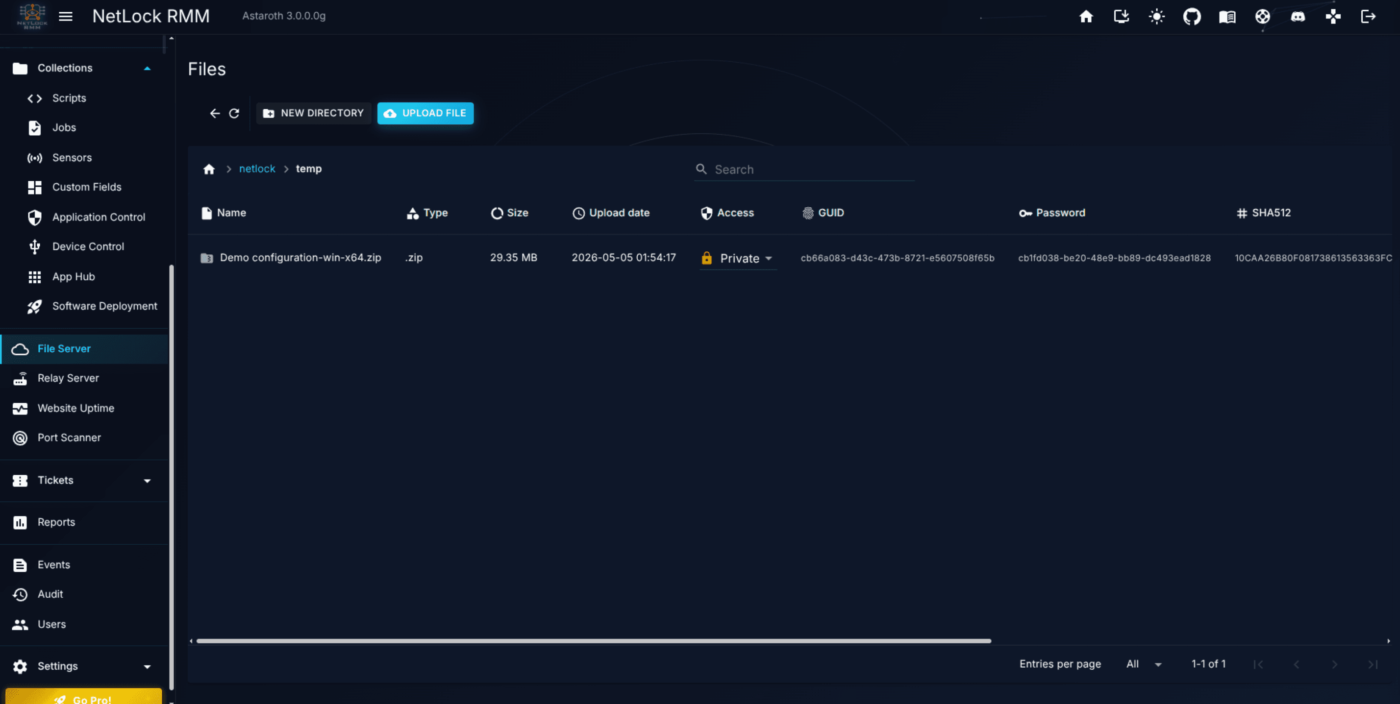 Manage Files page with several files and folders listed in a directory view