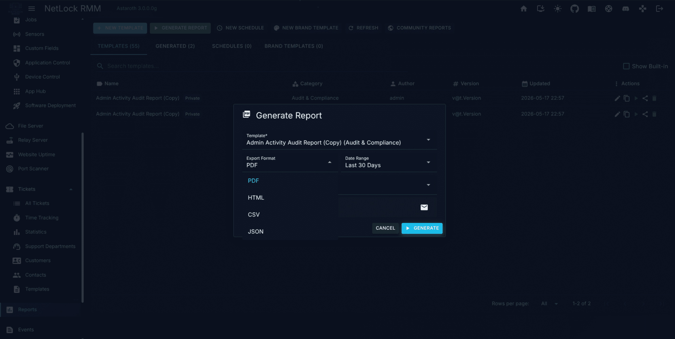 Generate Report dialog with Format, Date range, and Email fields visible