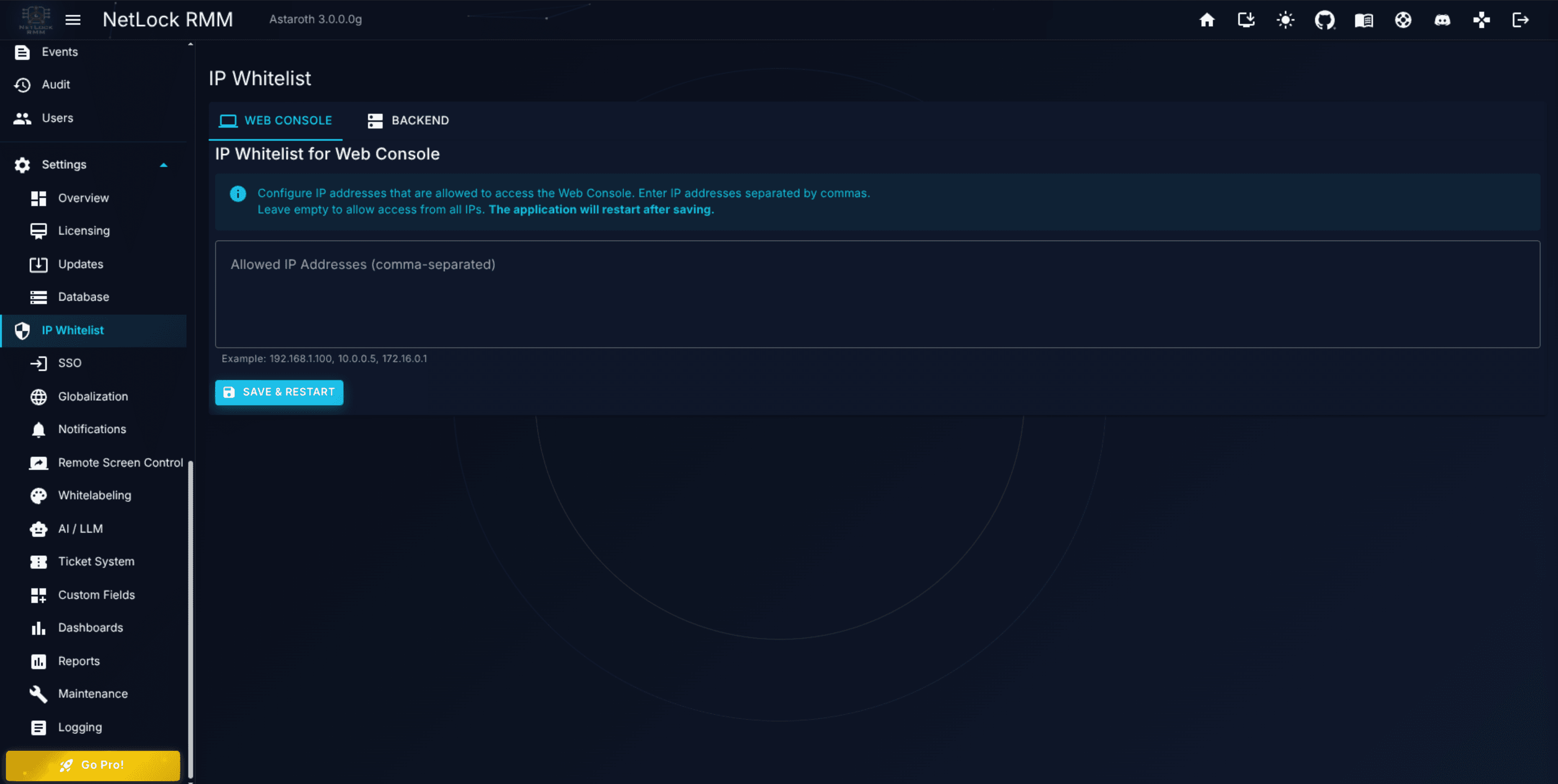 IP Whitelist page with the Web Console tab open and the textarea and Save & Restart button visible