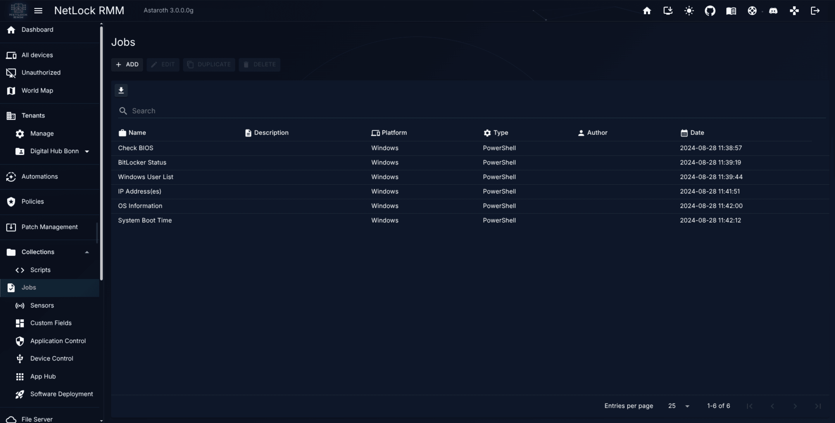 Manage Jobs list with hidden-job icon visible on one row