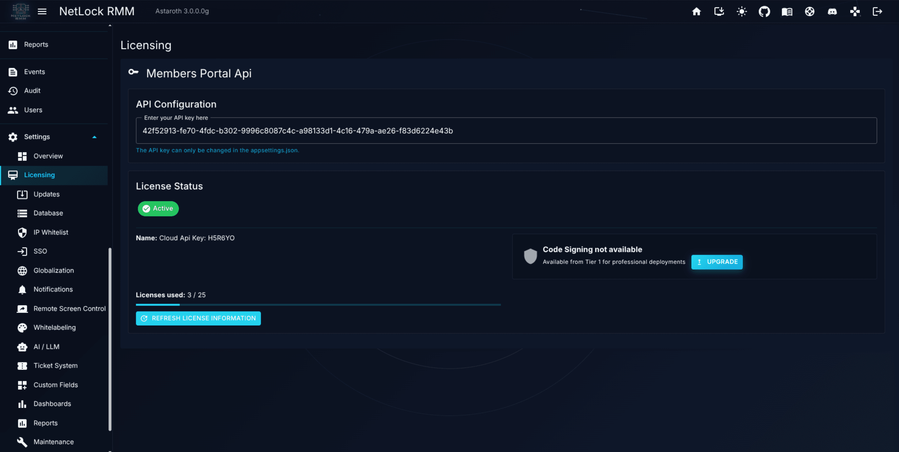 Licensing page showing an Active badge, X / Y licence count, and the Upgrade button