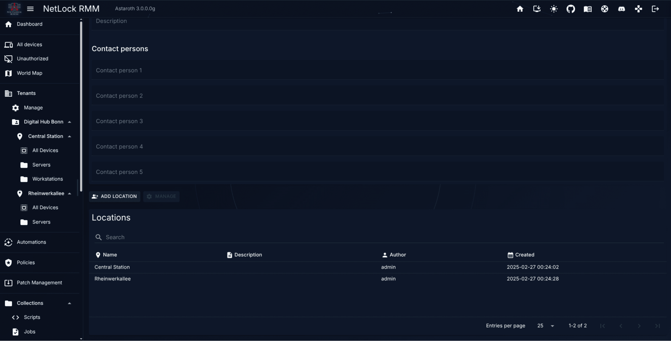 Location settings page showing group list