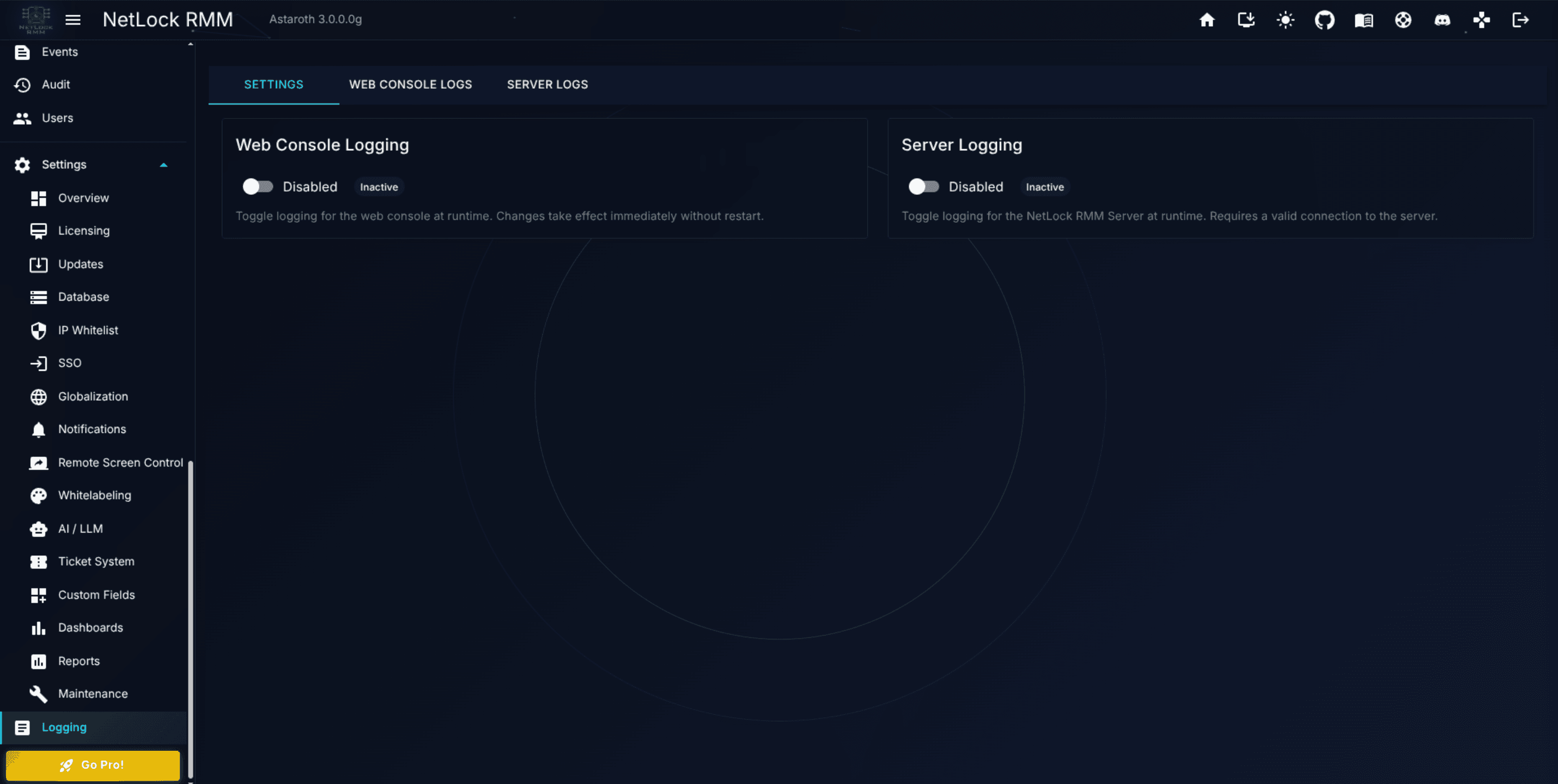 Logging page with three tabs visible: Settings, Web Console Logs, Server Logs