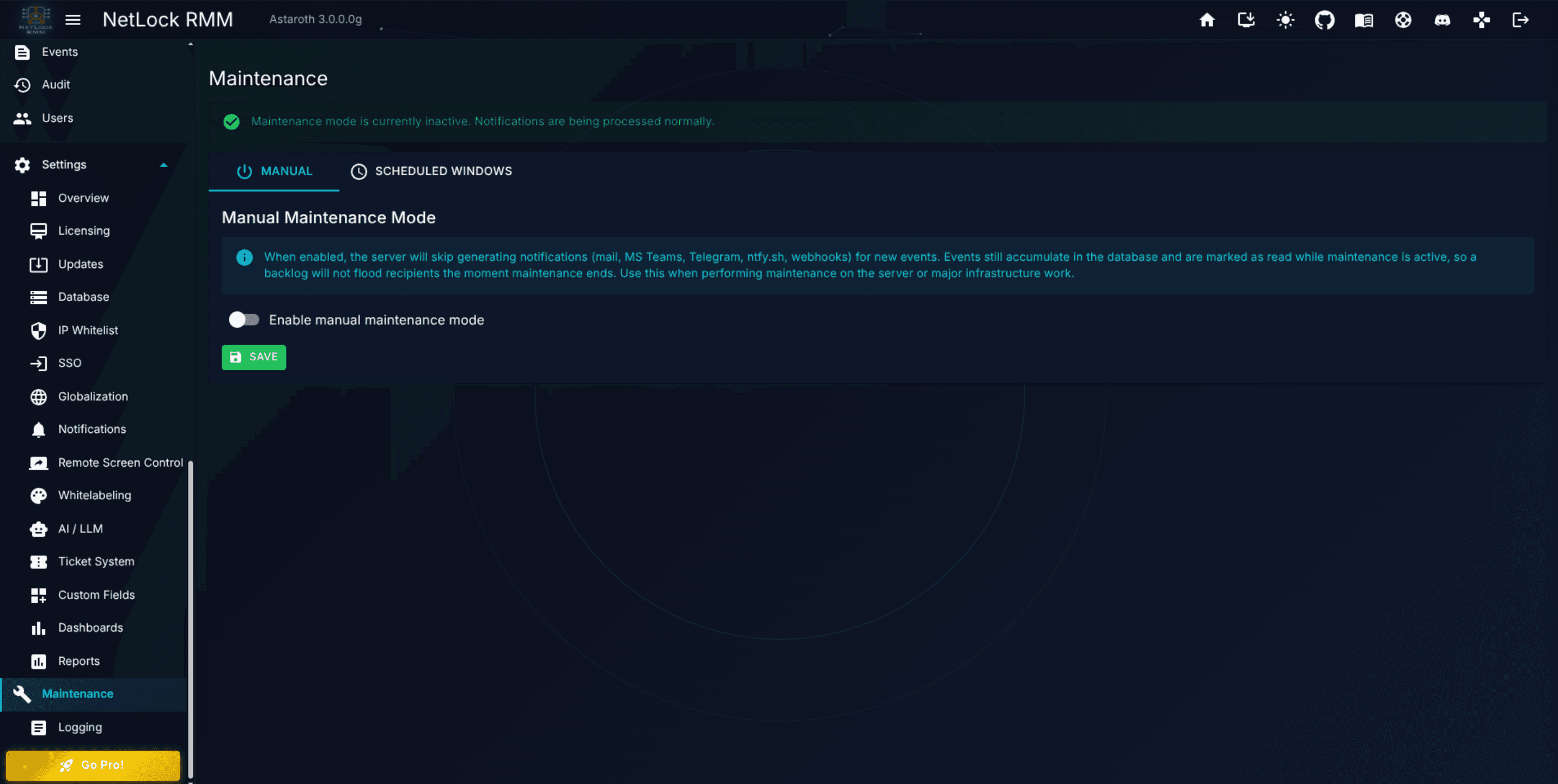 Maintenance page with the status banner active and the Manual and Scheduled Windows tabs visible