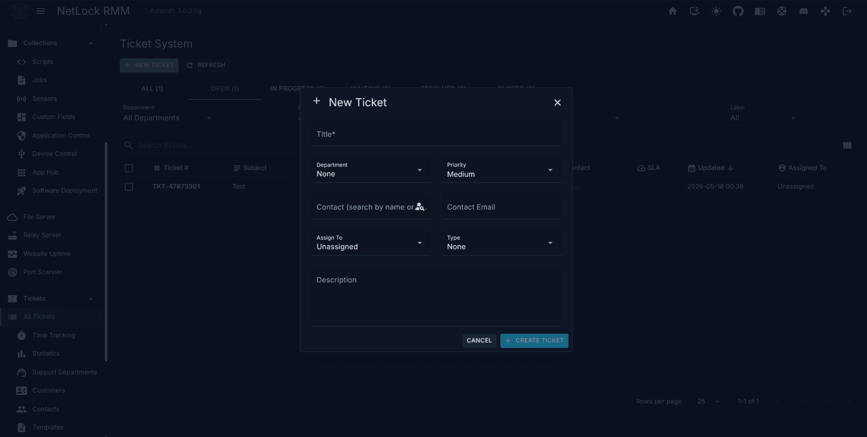 New Ticket dialog with required Title field and optional Department, Priority, Contact, and Description fields