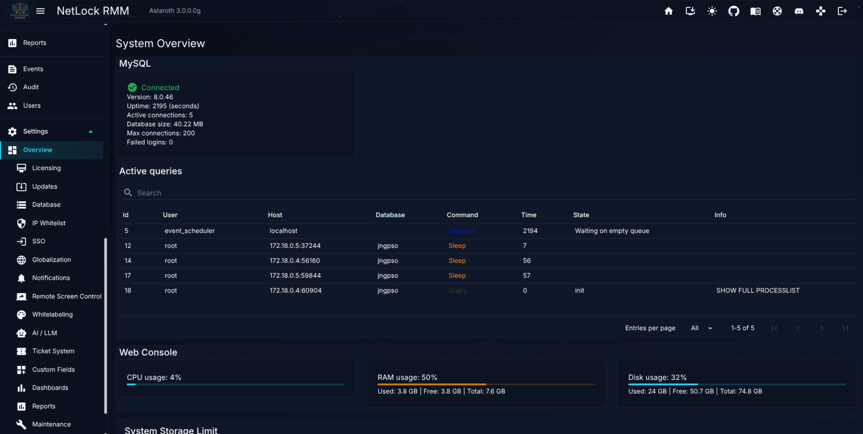 System Overview page showing MySQL, Web Console, File Server, and Remote Server panels