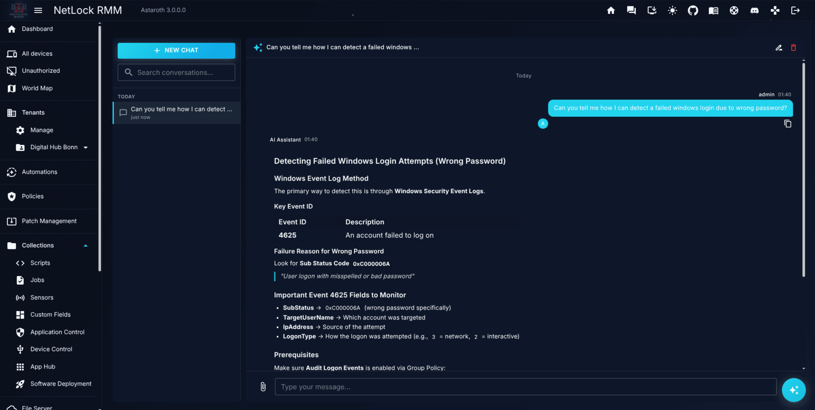AI Chat page with sidebar of grouped conversations and the chat pane active