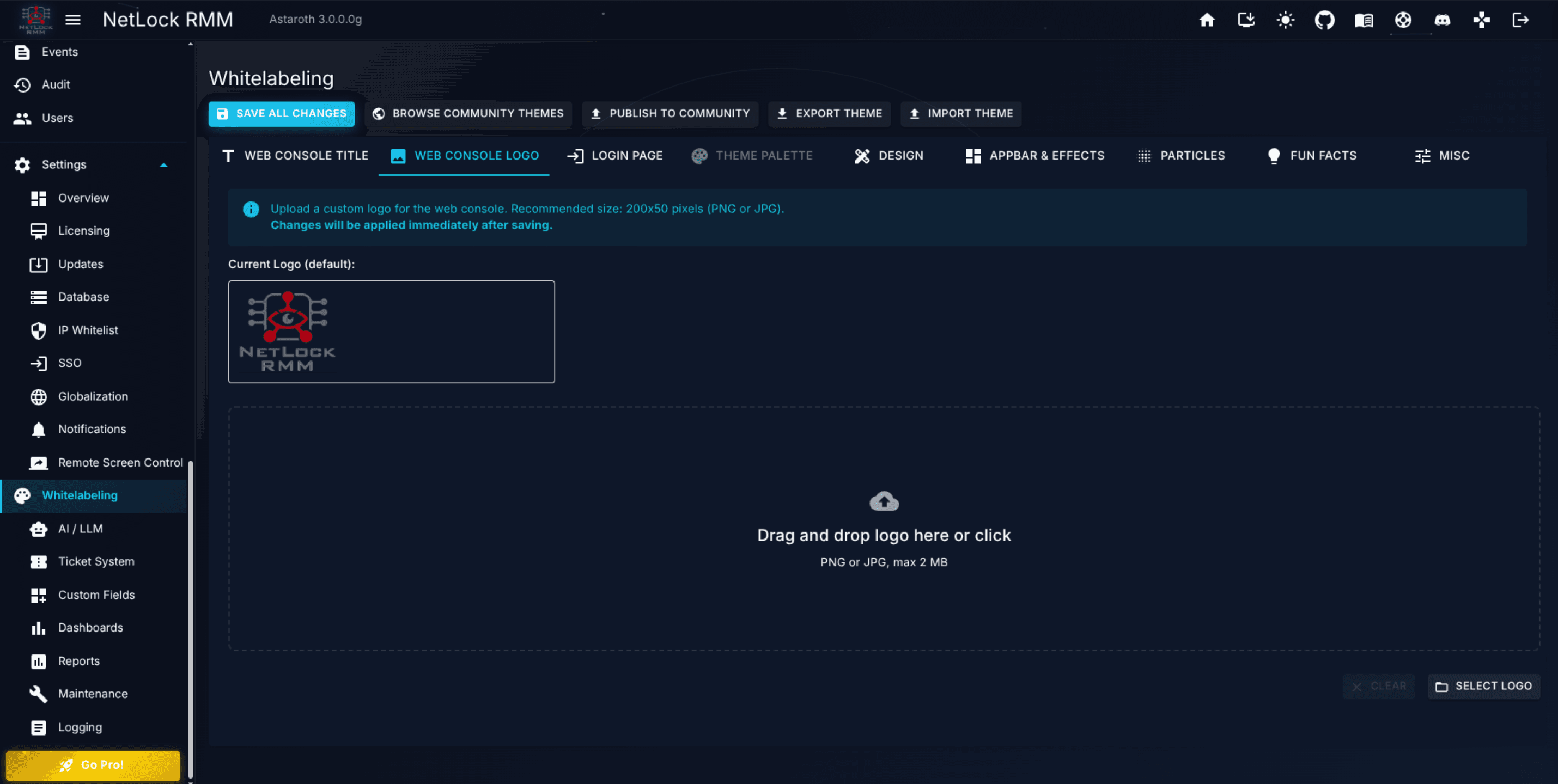 Whitelabeling page with the logo upload, background upload, colour palette section, and text fields visible