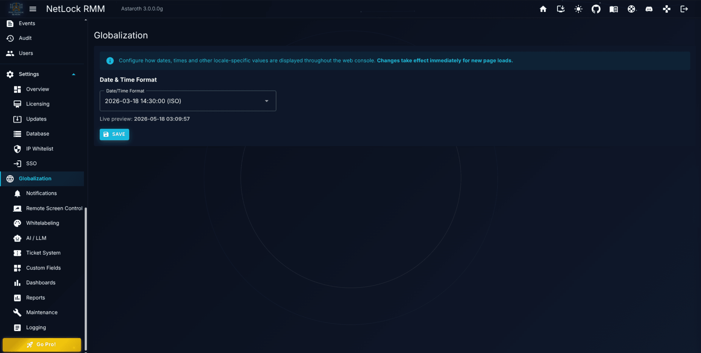 Globalisation page with the Date/Time Format dropdown open and a live preview below it