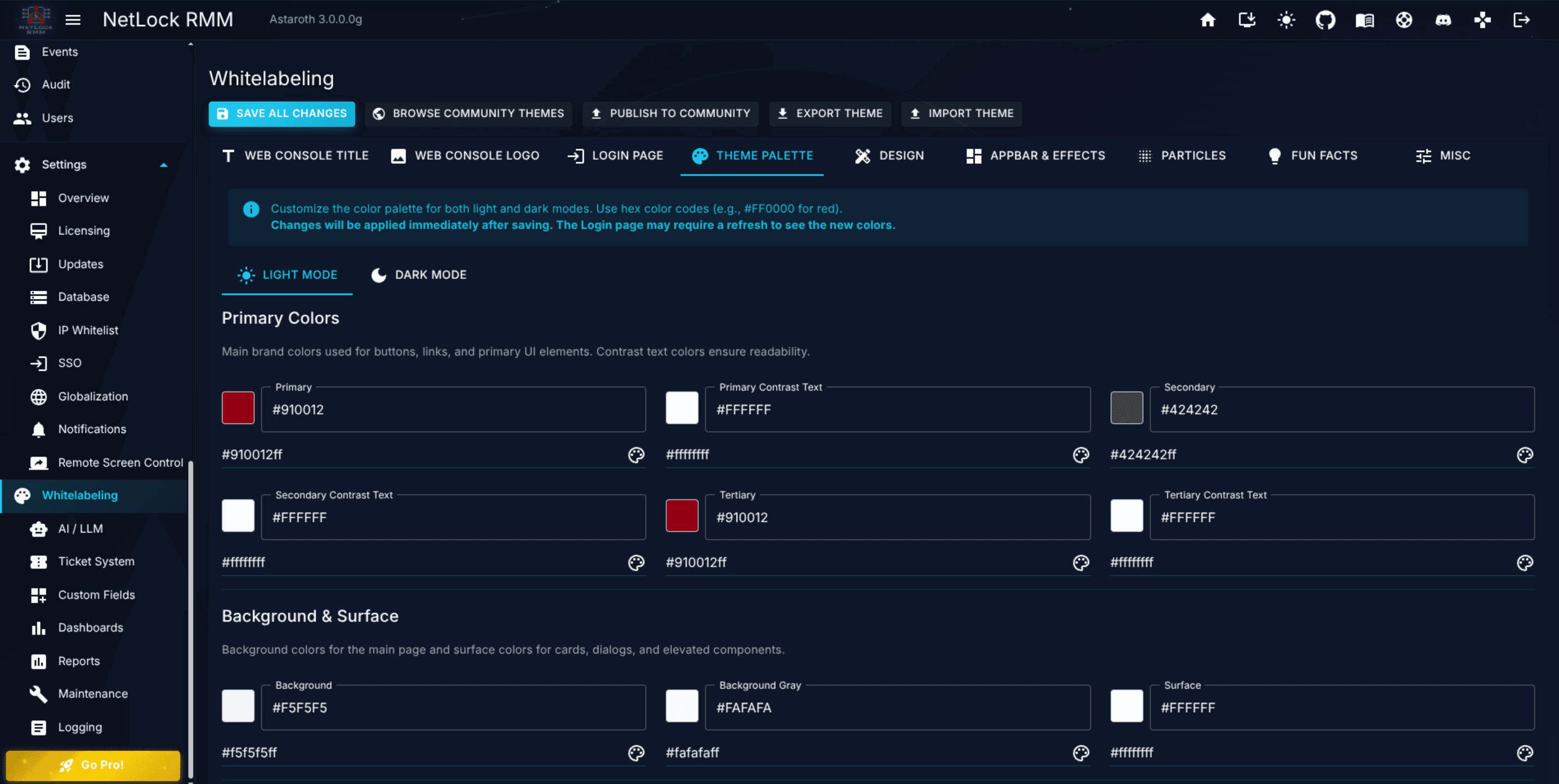 Colour palette section with several light-mode fields visible and their colour-picker widgets
