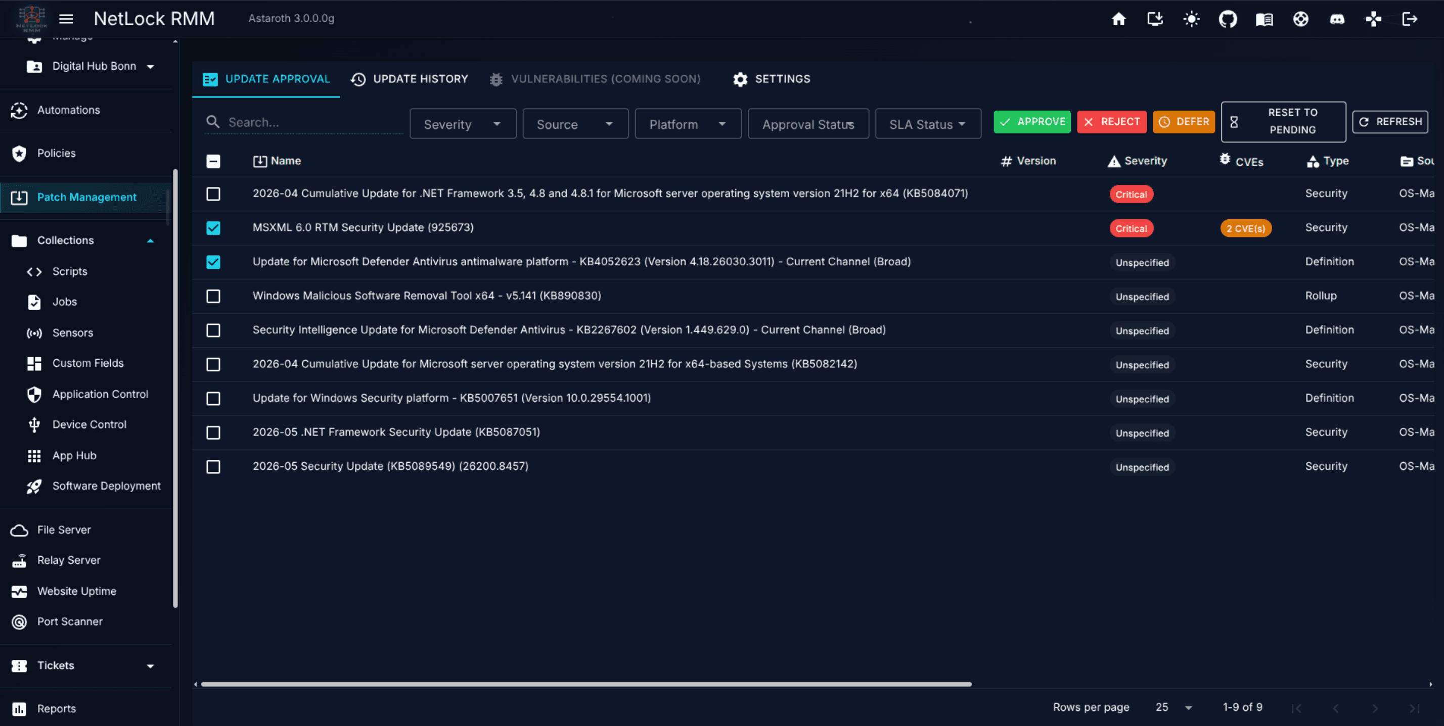 Patch Management page with the Update Approval tab open
