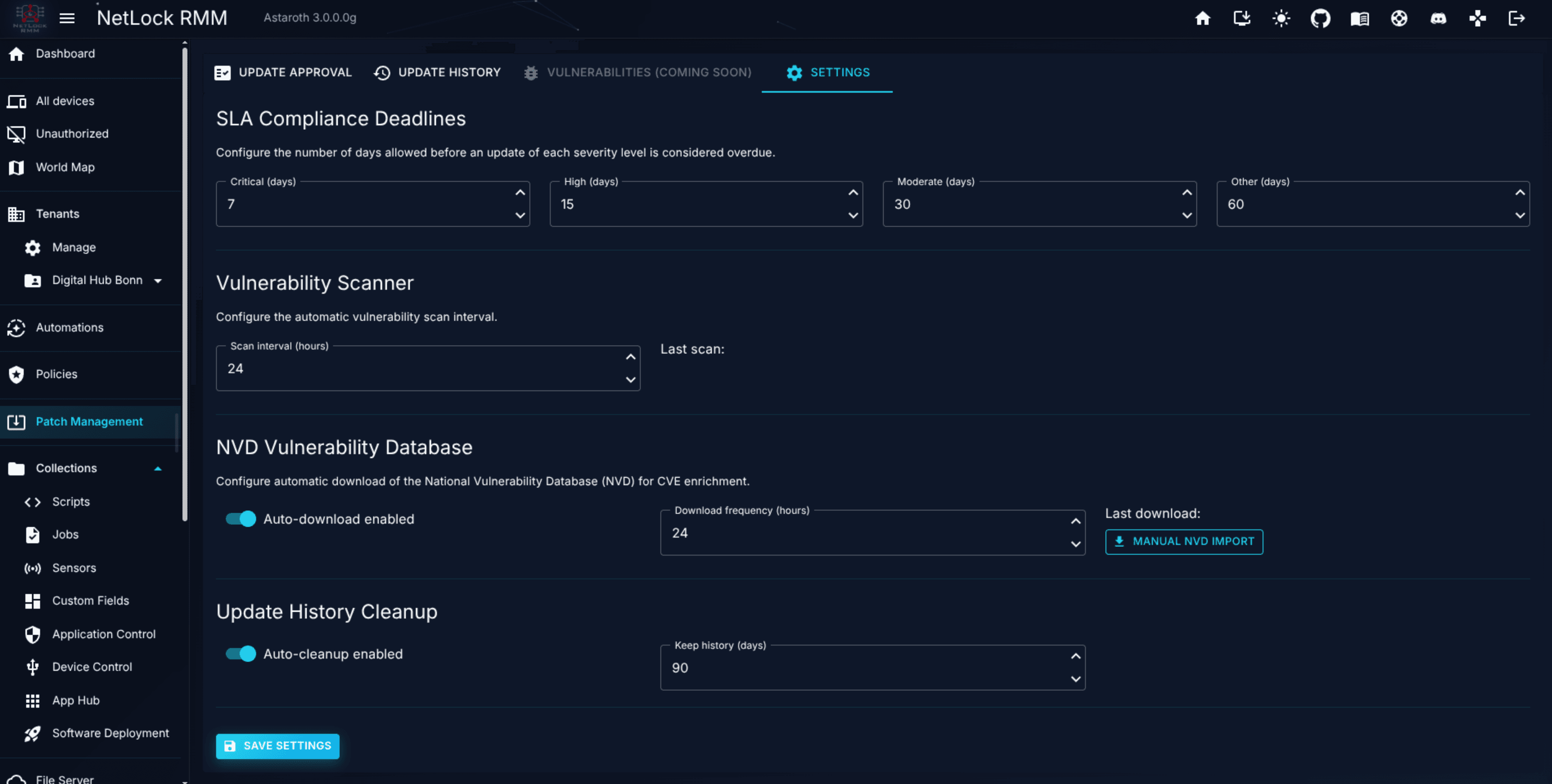 Patch Management Settings tab with SLA and scan interval fields