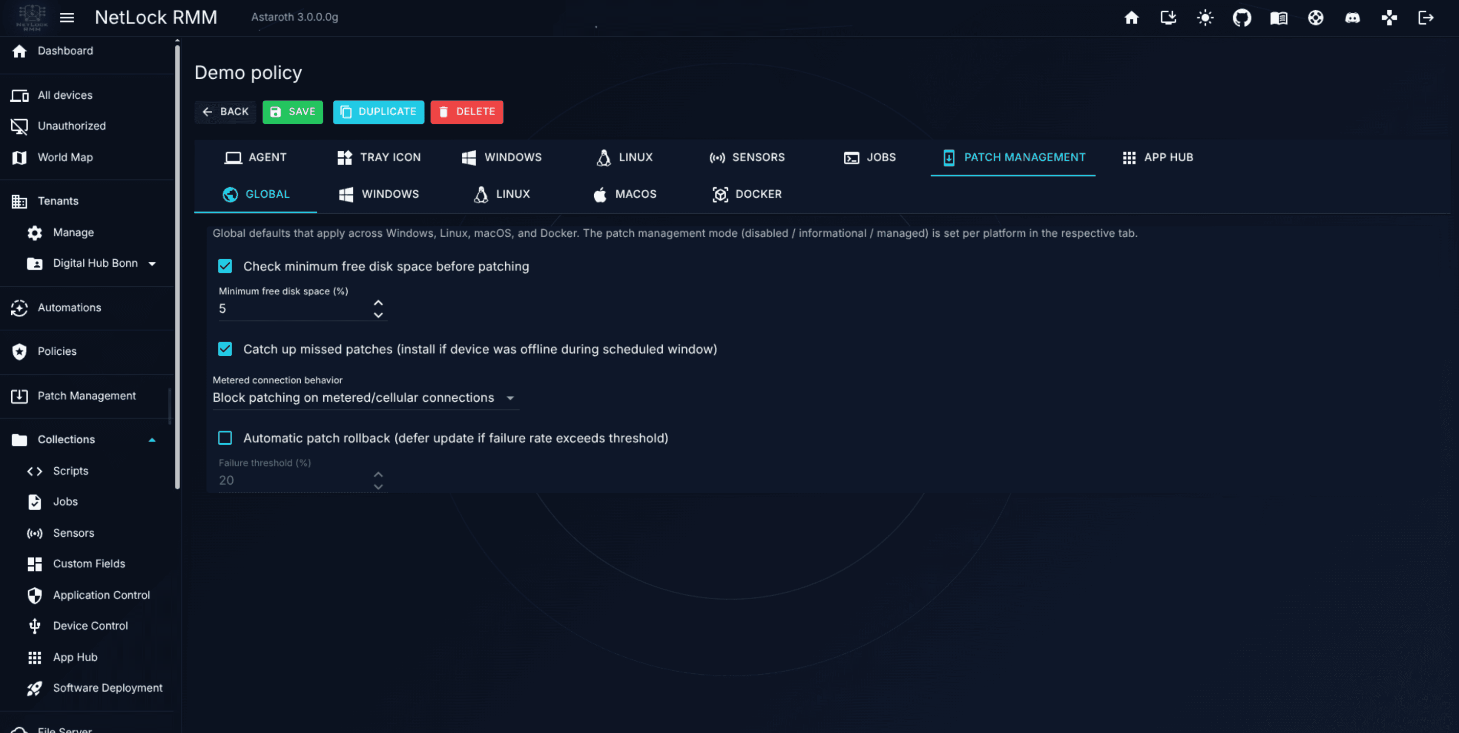 Patch Management tab with Windows platform selected