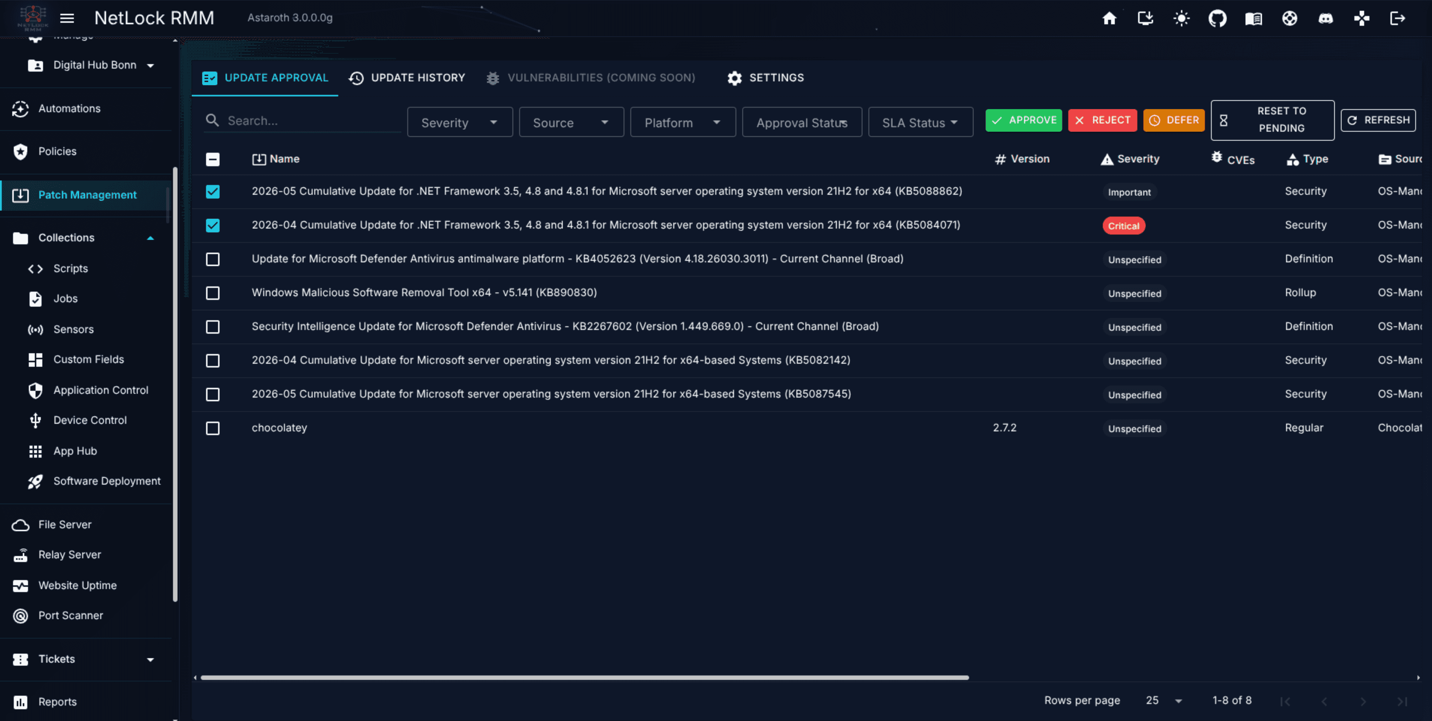 Patch Management page, Update Approval tab, with a pending list
