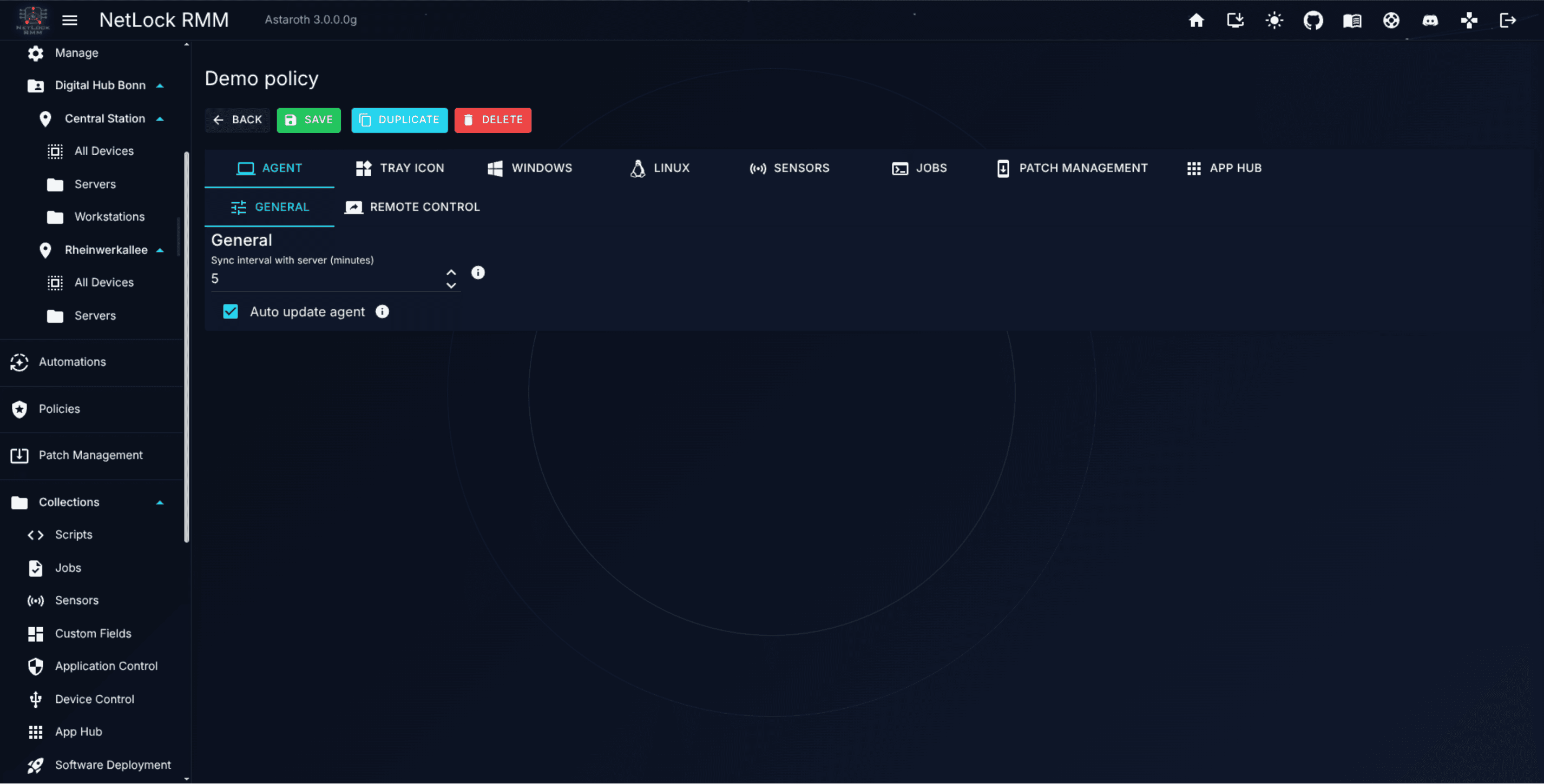 Policy Settings editor with the Agent tab selected
