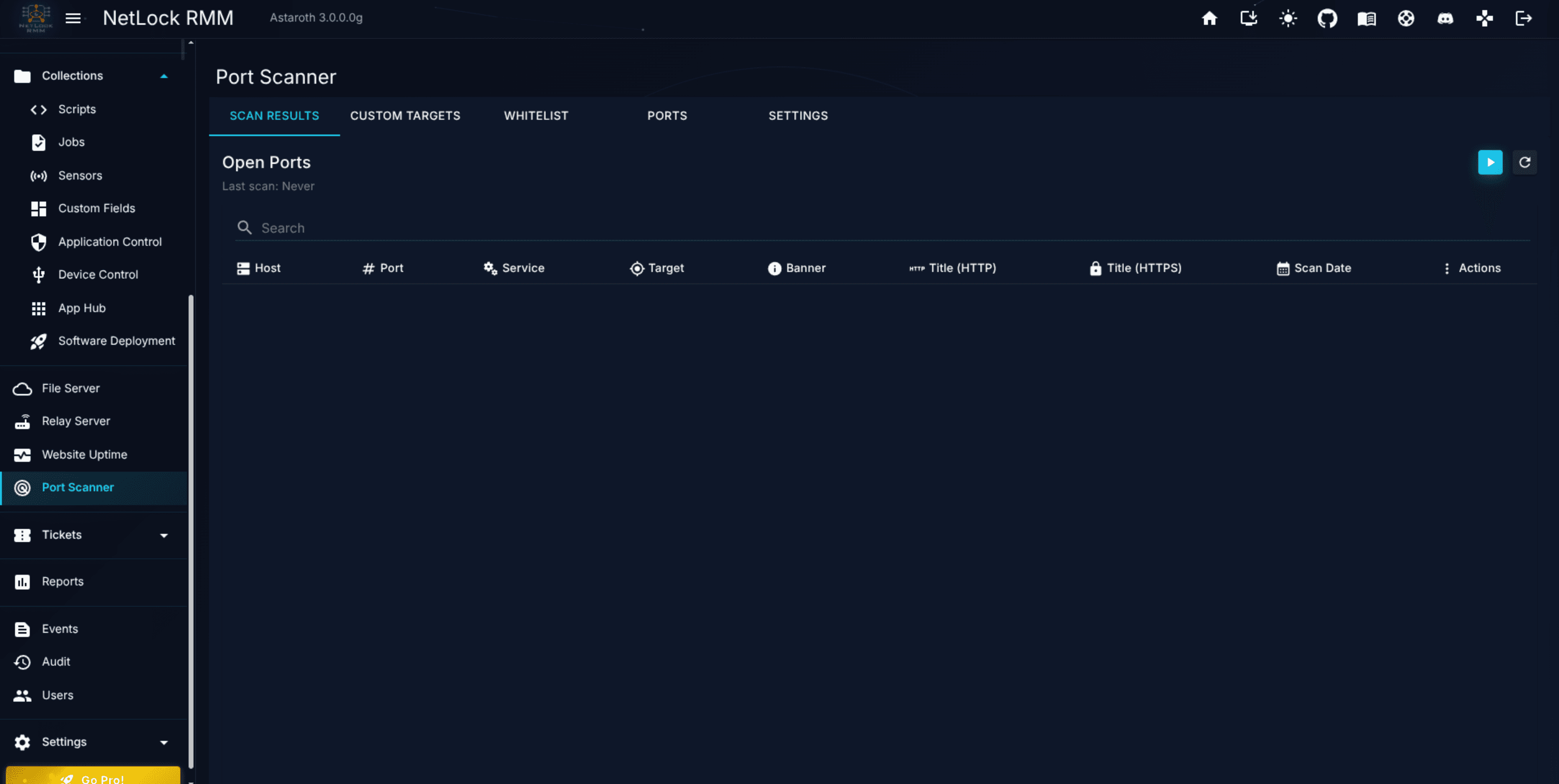 Port Scanner page with the Scan Results tab active and a handful of findings listed