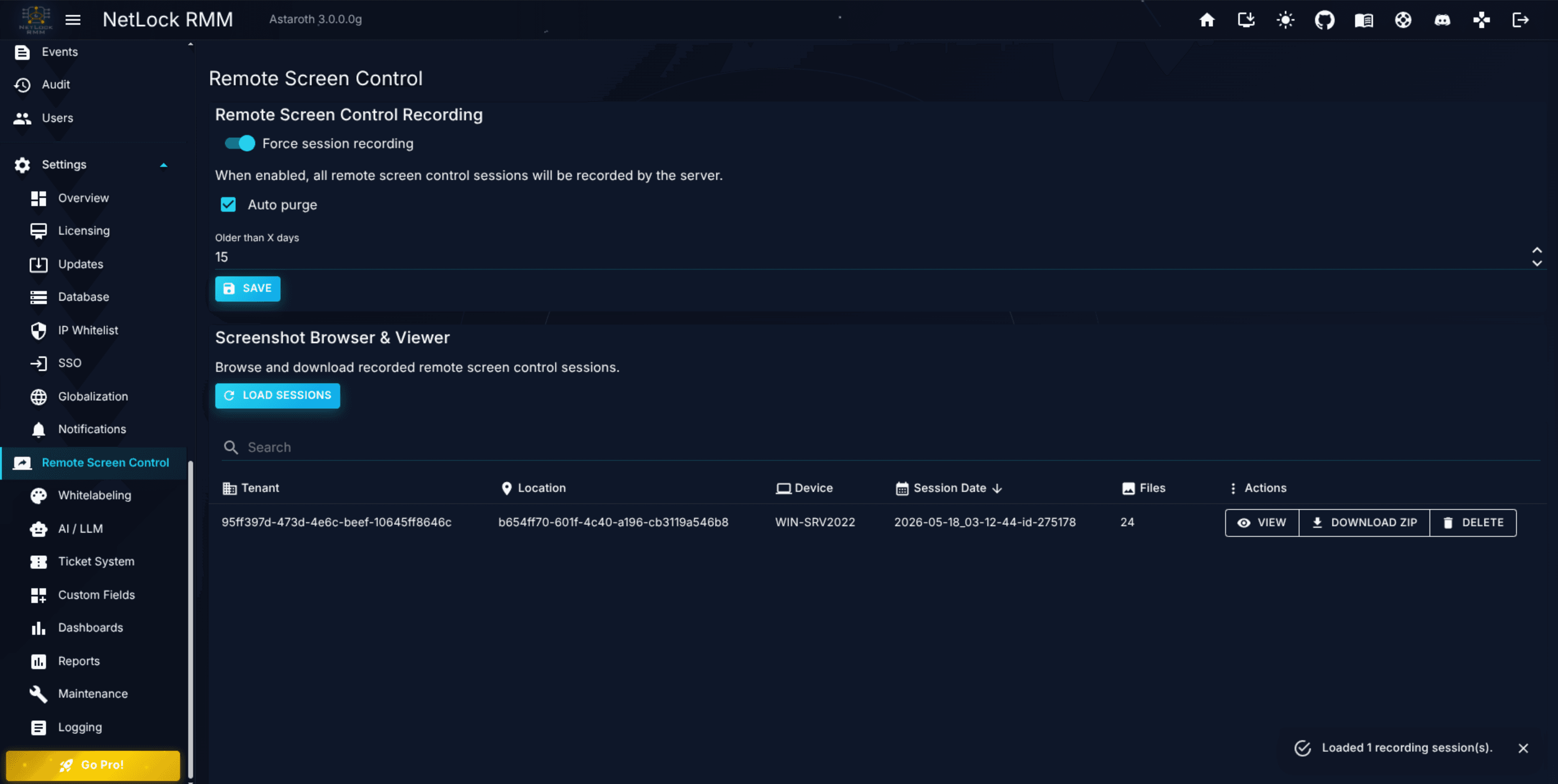 Remote Screen Control page with Force session recording enabled and the session browser populated