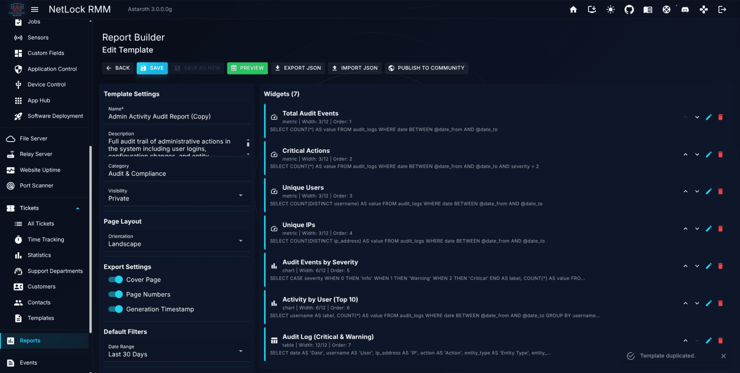 Report Builder with two widgets and the widget palette visible