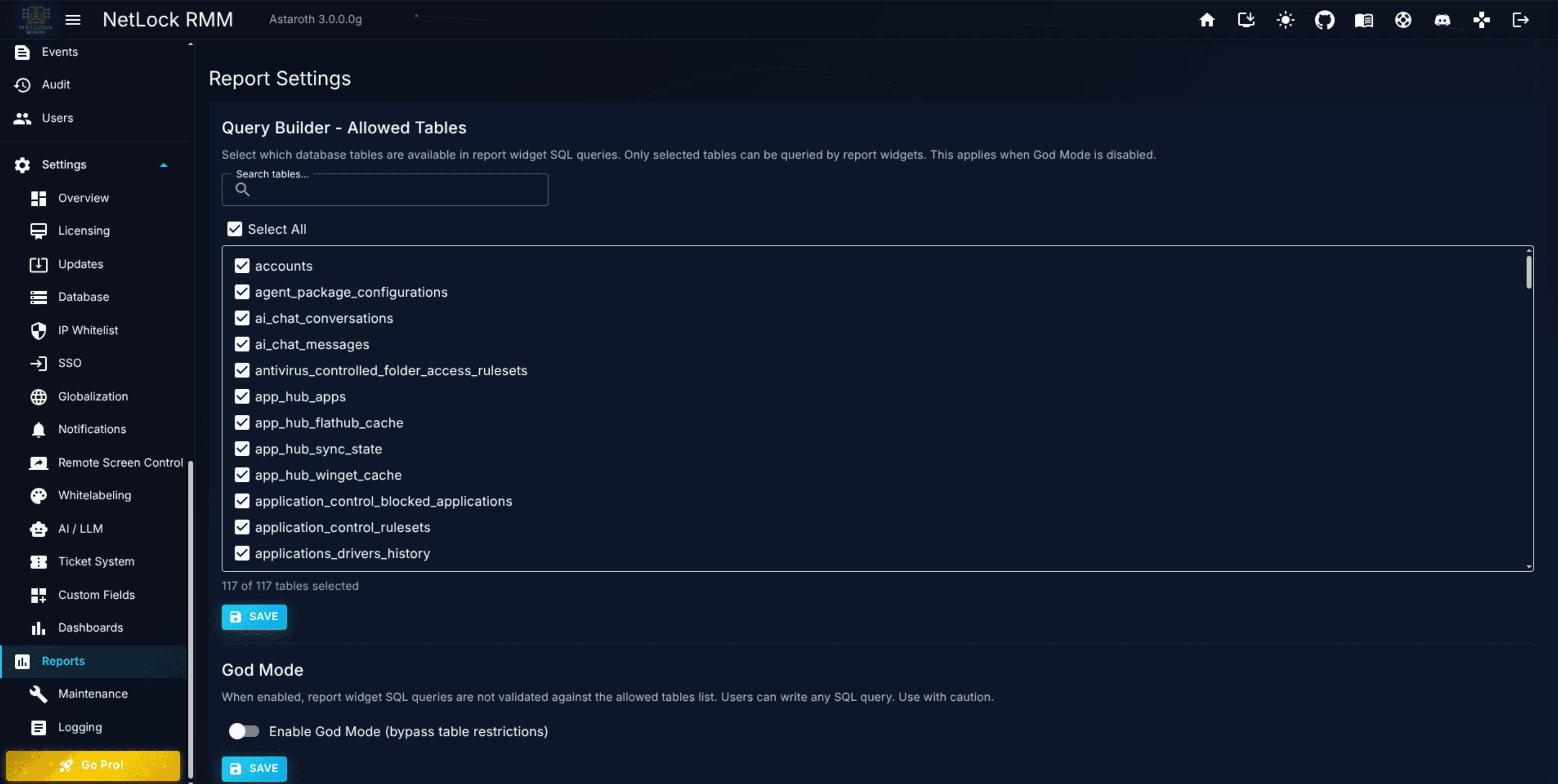 Report Settings page with the same controls pattern as Dashboards
