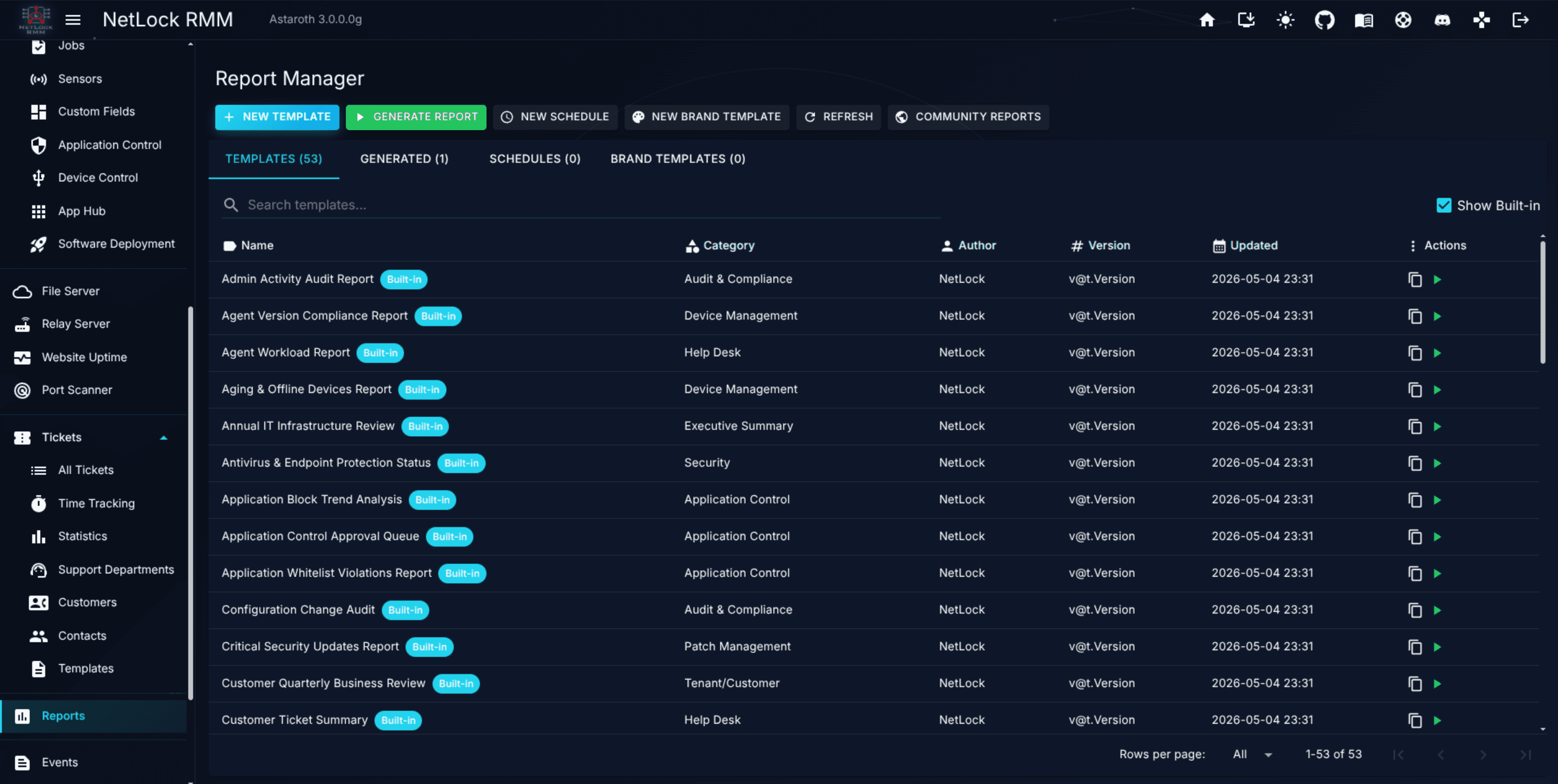 Reports page with the Templates tab active, listing a mix of built-in and custom templates