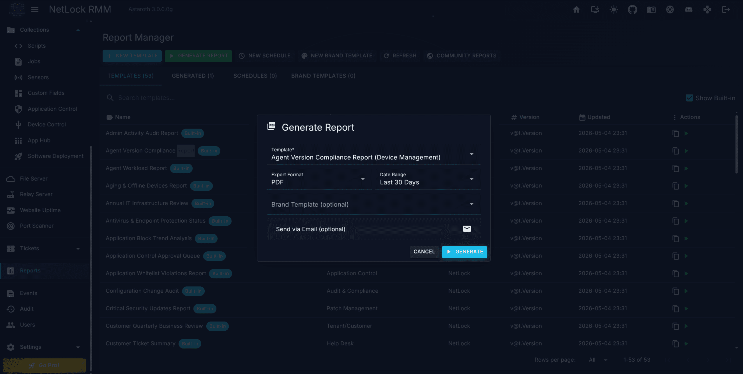 Reports page with the Templates tab and a pre-built compliance template selected