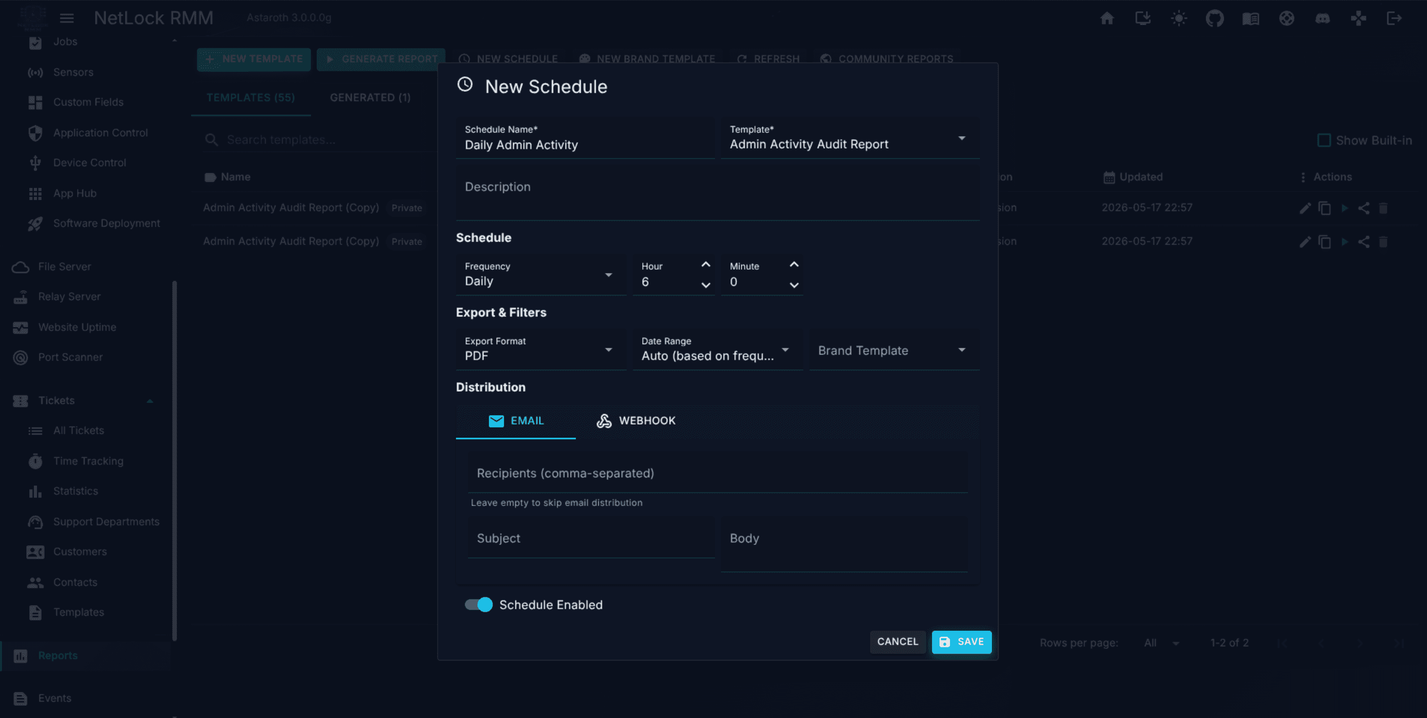 Schedule dialog with Frequency, Day, Time, Format, and Distribution sections visible