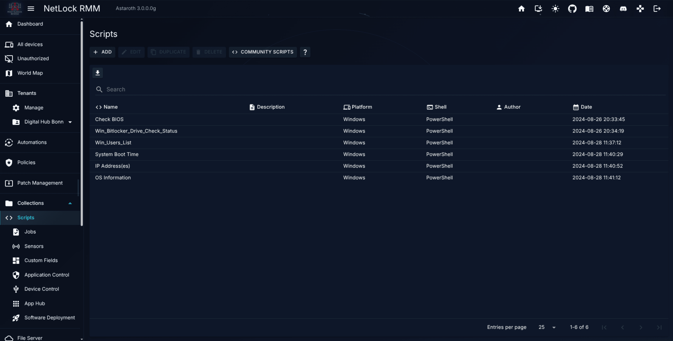Manage Scripts list with columns Name, Description, Platform, Shell, Author, Date