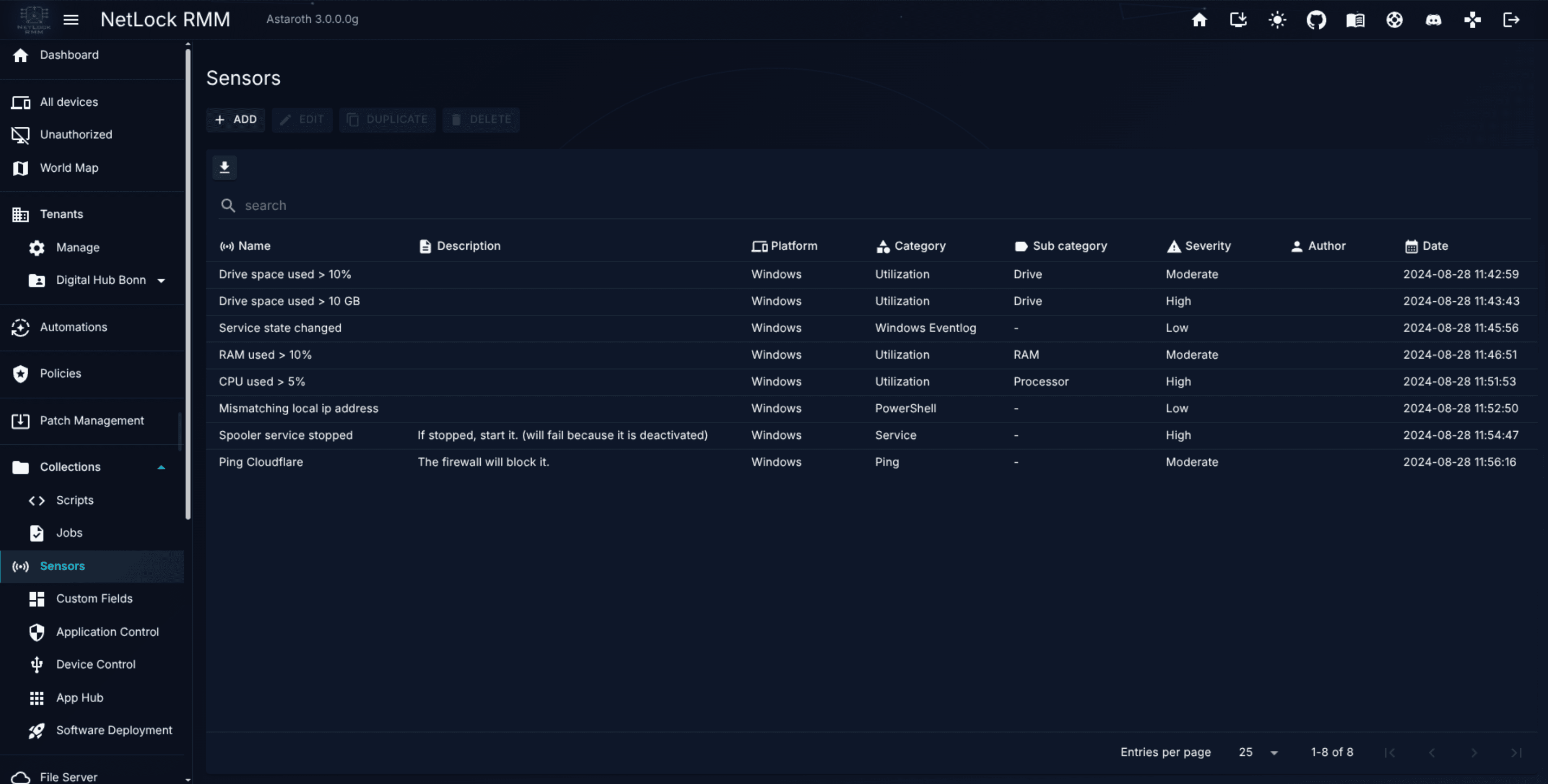 Manage Sensors list with Category and Severity columns