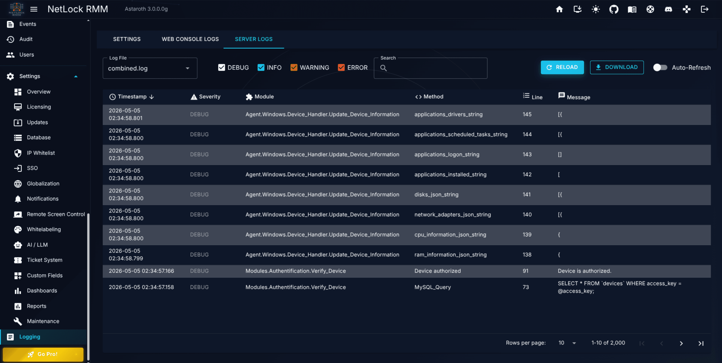 Server Logs tab with the server-supplied file list, Auto-Refresh running, and the extra Line column visible