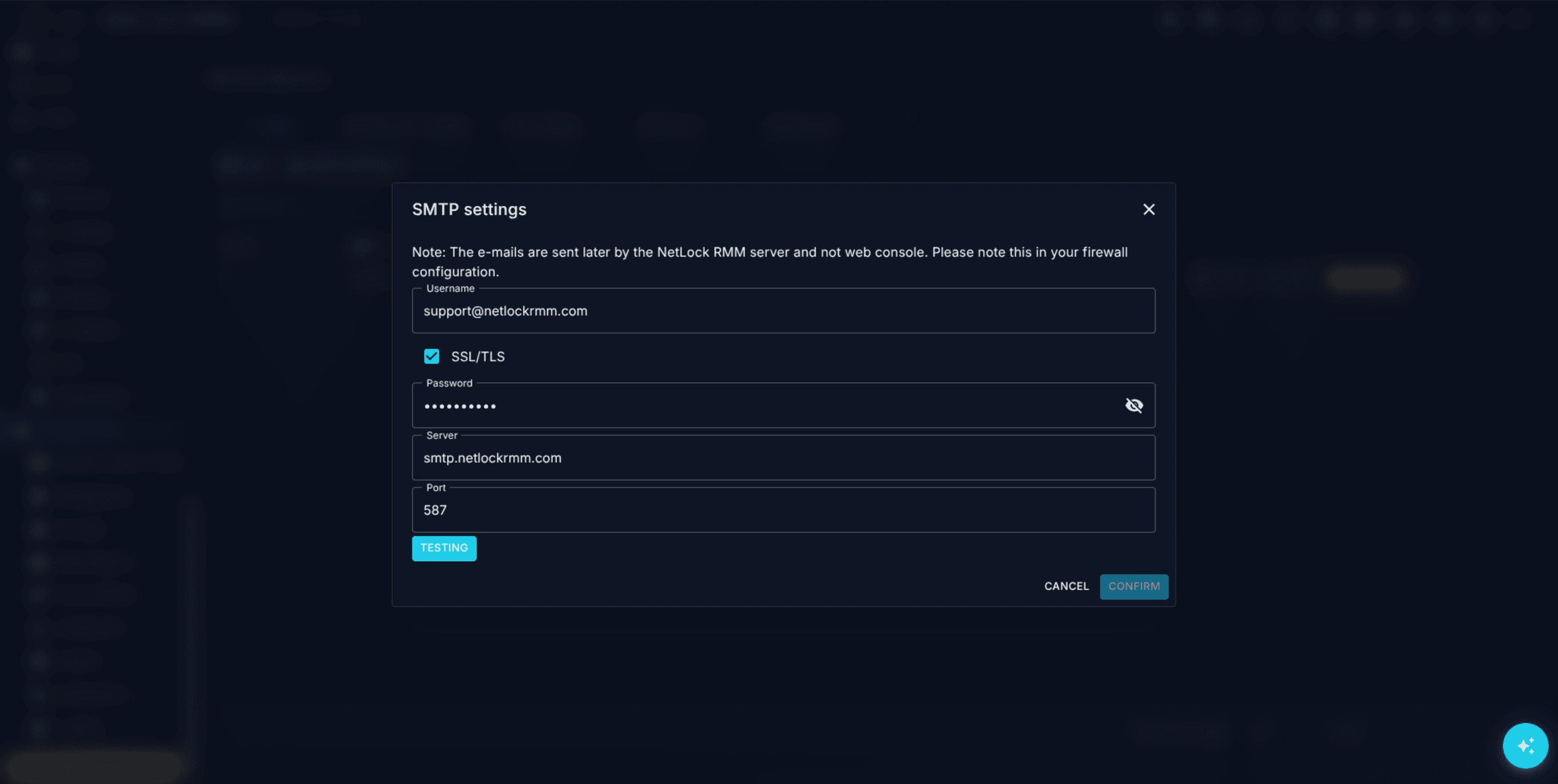SMTP settings dialog with Server, Port, SSL/TLS, Username, Password, From address, To address, and Test controls