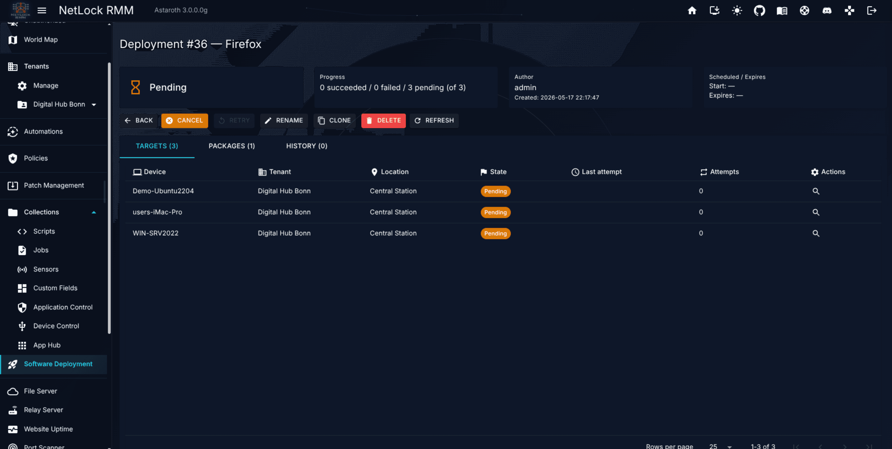 Deployment detail page with four status cards and per-device table